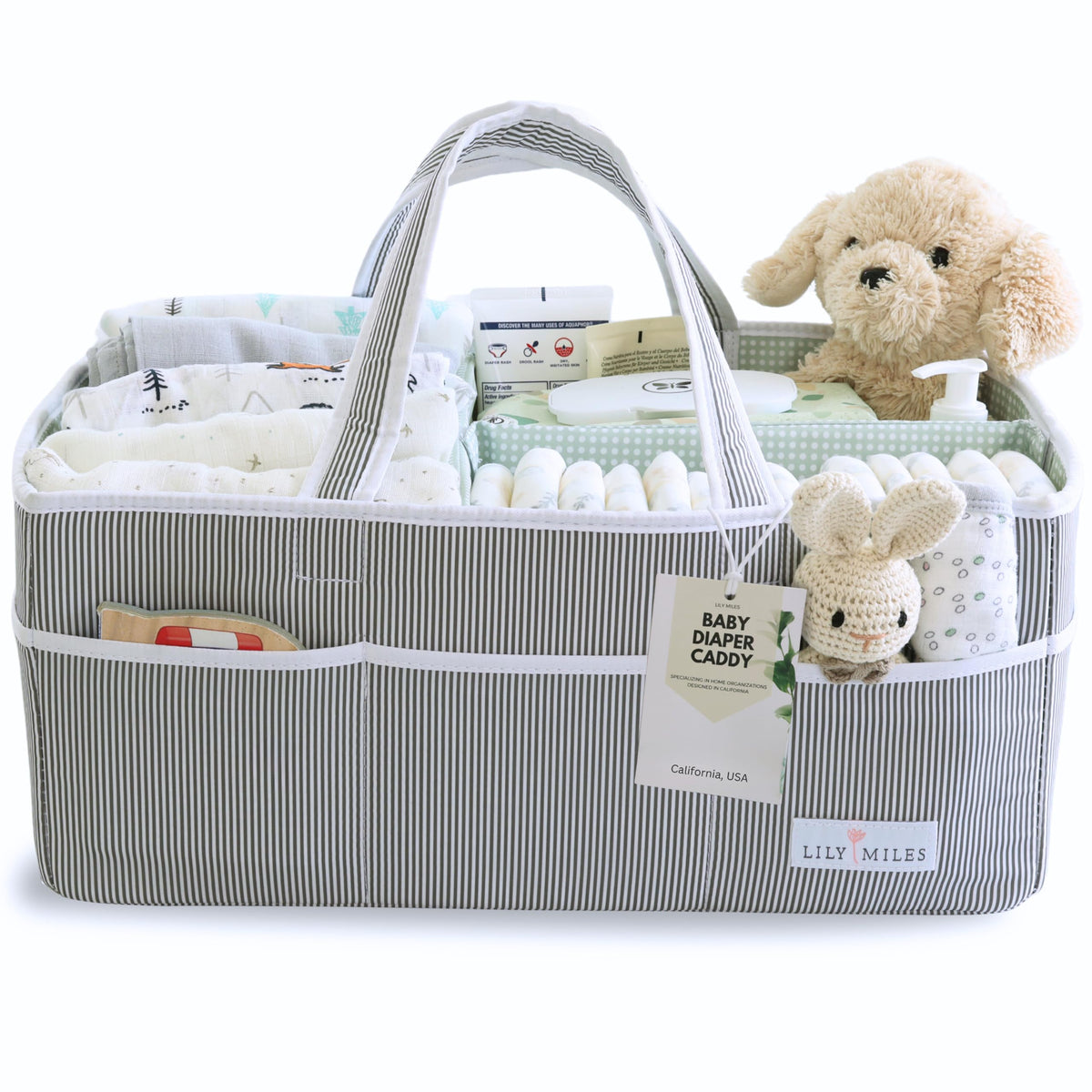 Lily Miles Baby Diaper Caddy gray-mint fabric closeup shows soft, durable material for daily use