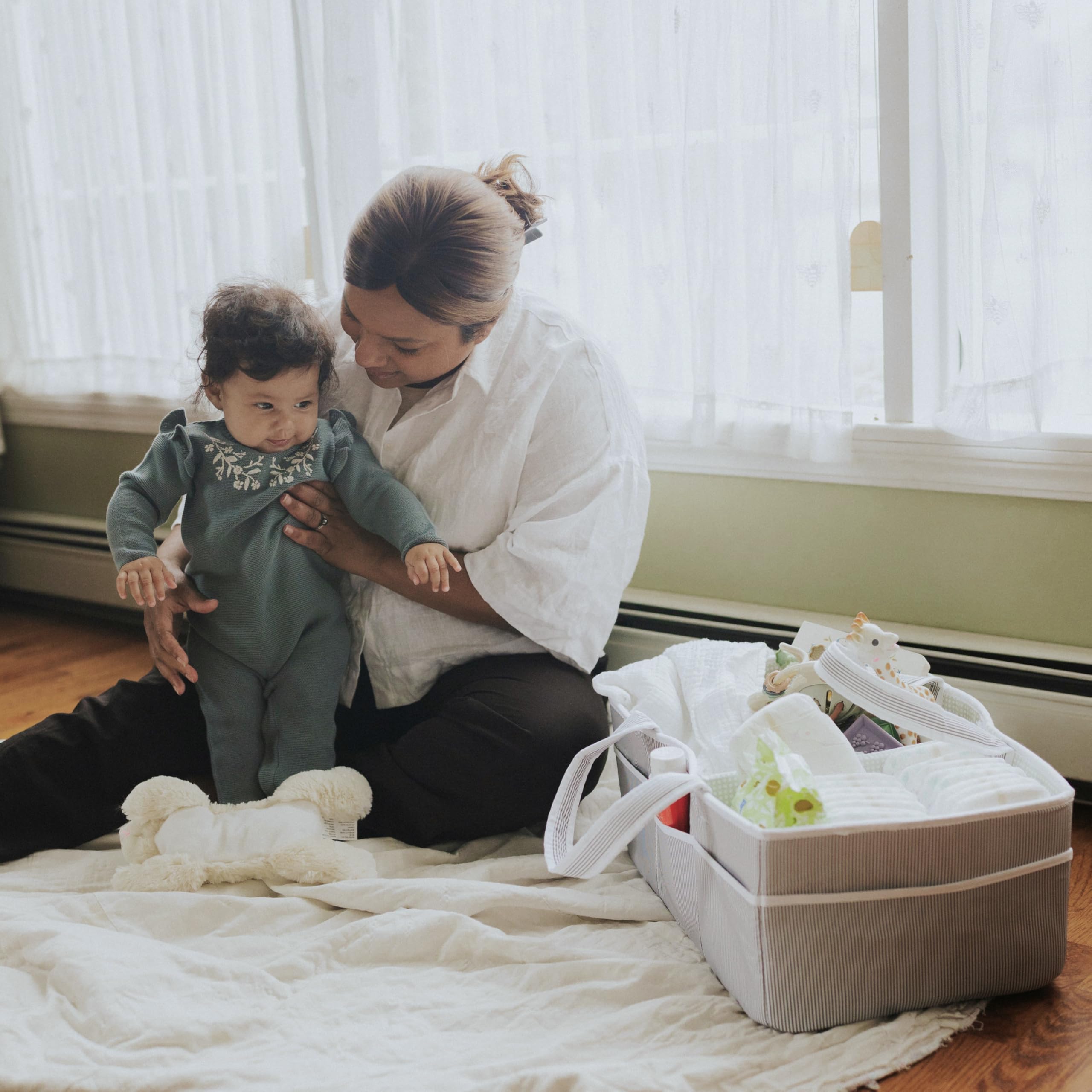 Lily Miles Baby Diaper Caddy gray-mint in use on changing table