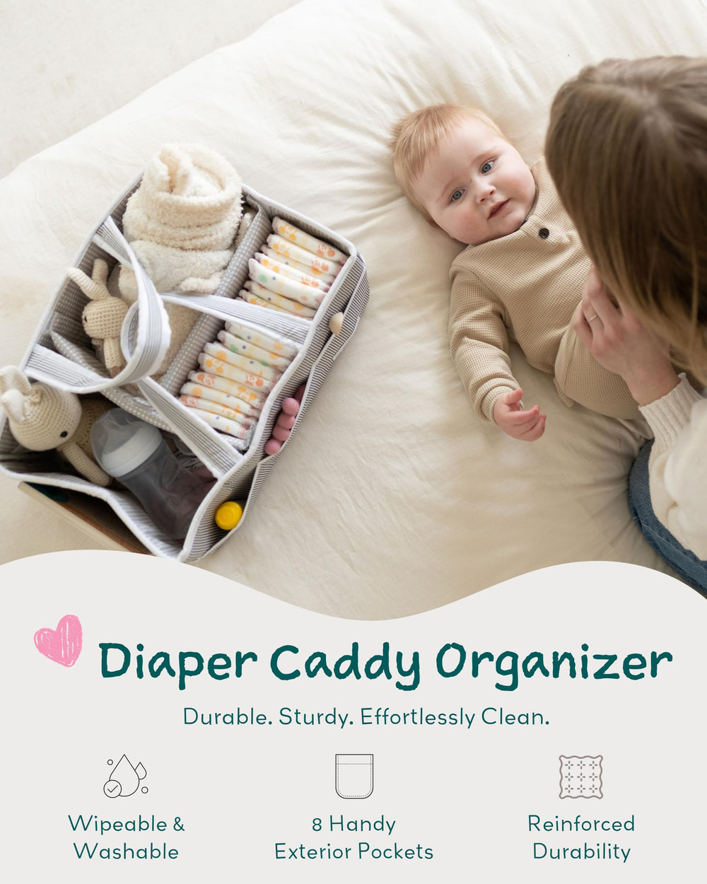 Lily Miles diaper caddy gray removable dividers for effortless organization.