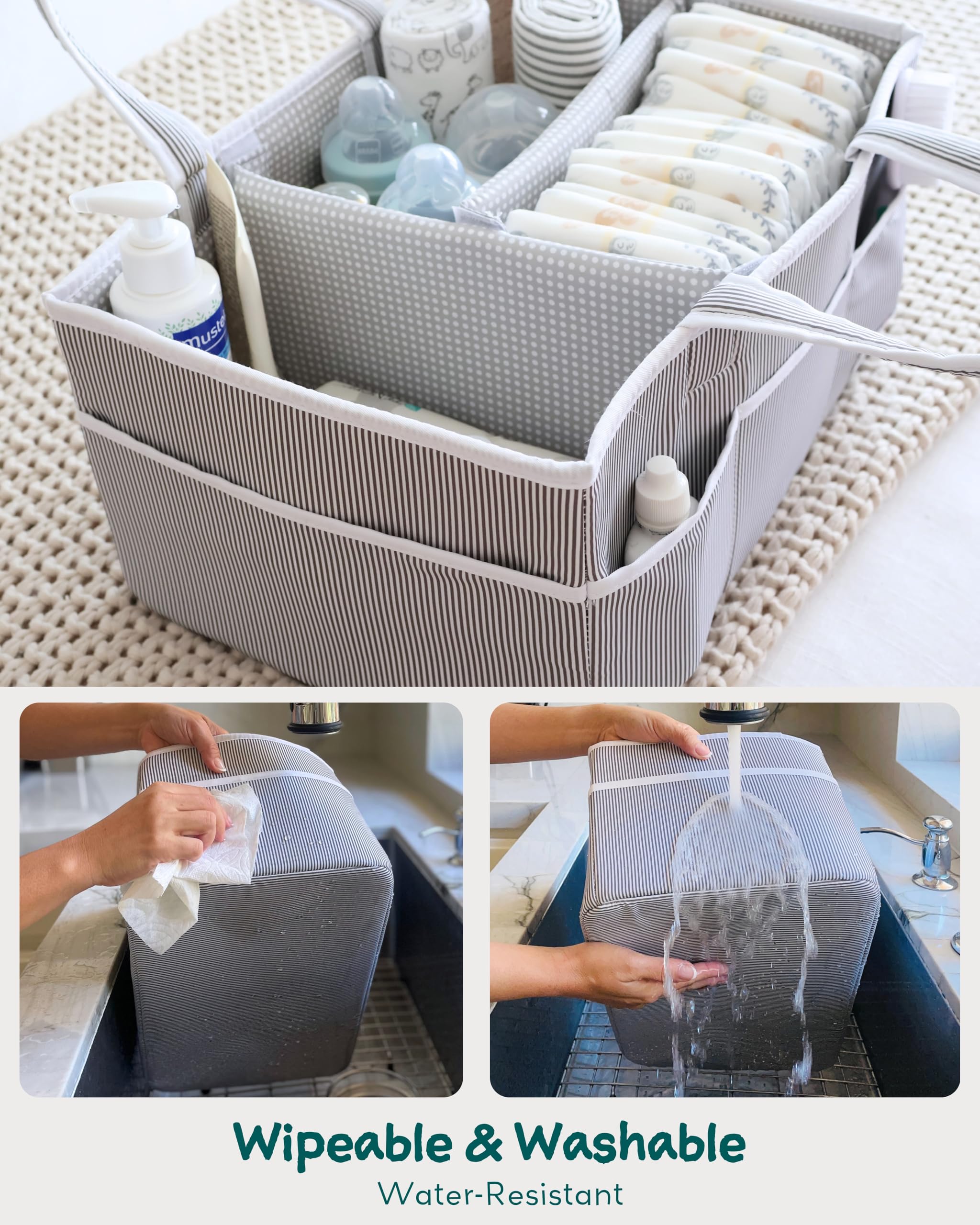 Lily Miles diaper caddy gray spacious compartments for diapers, wipes and essentials.