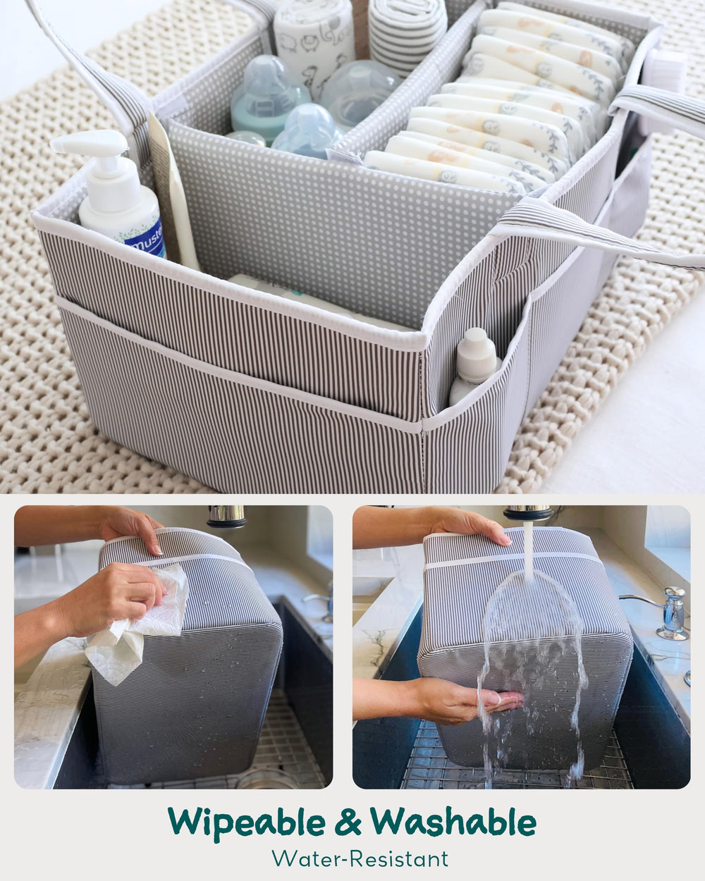 Lily Miles diaper caddy gray spacious compartments for diapers, wipes and essentials.