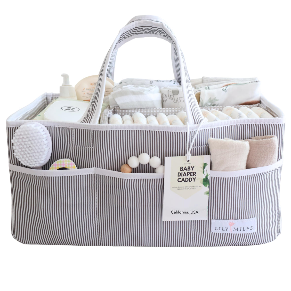 Lily Miles diaper caddy gray water-resistant fabric close-up for easy cleanup.