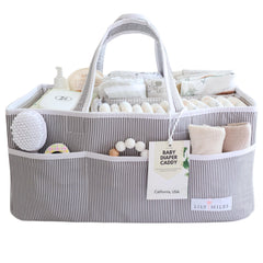 Lily Miles diaper caddy gray water-resistant fabric close-up for easy cleanup.