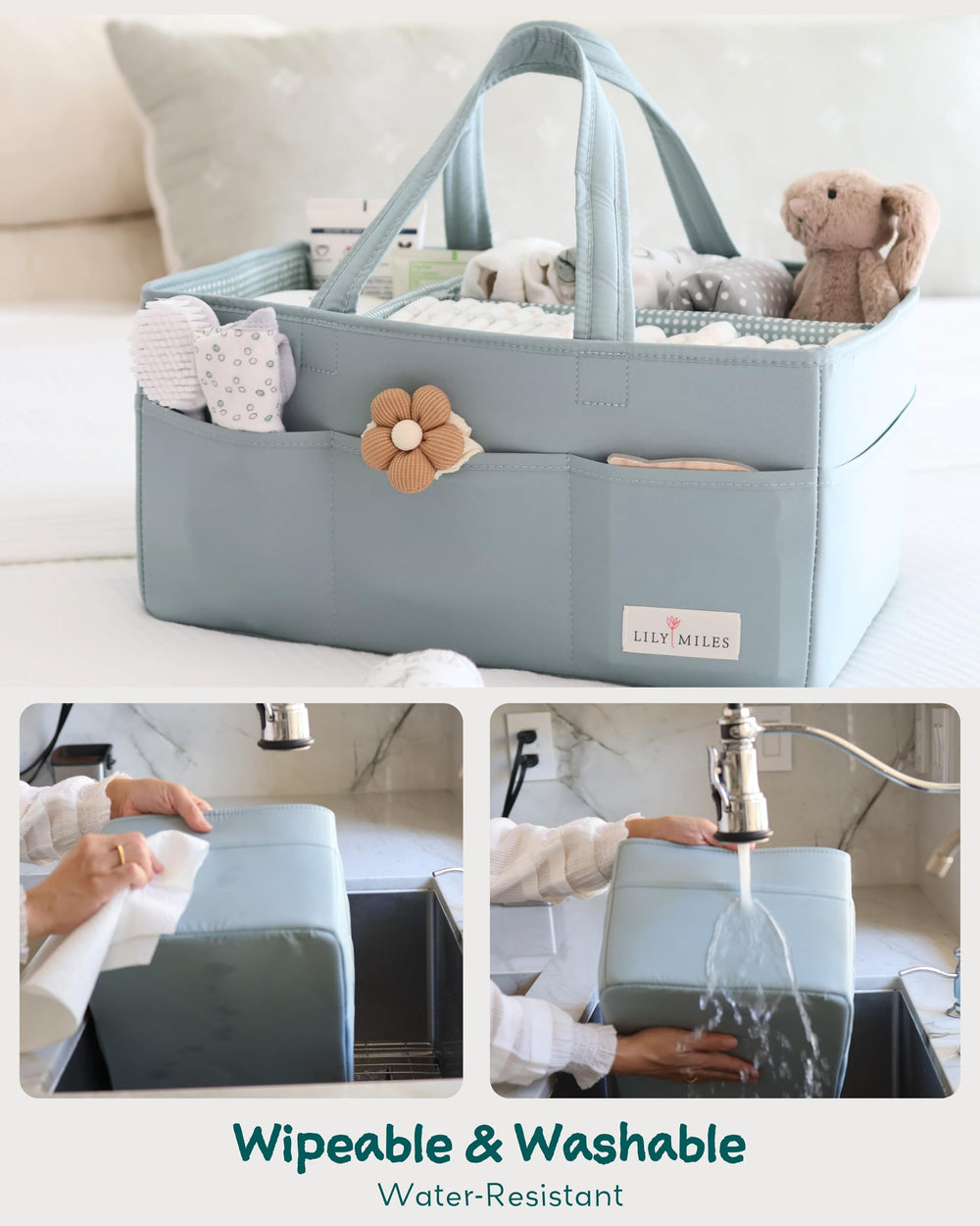 Lily Miles diaper caddy with sturdy handles for room-to-room organization