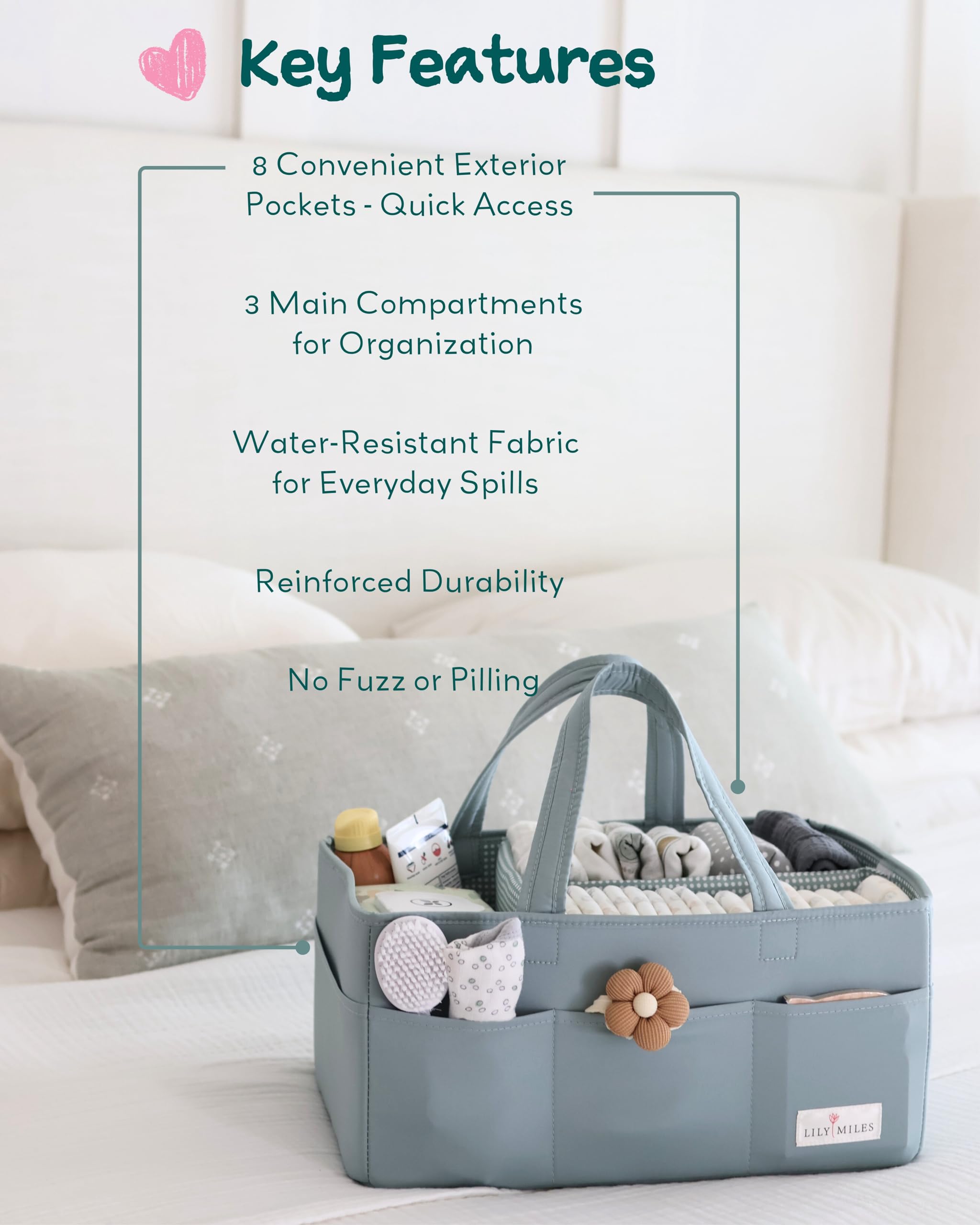 Lily Miles diaper caddy pockets keeping wipes and creams within reach