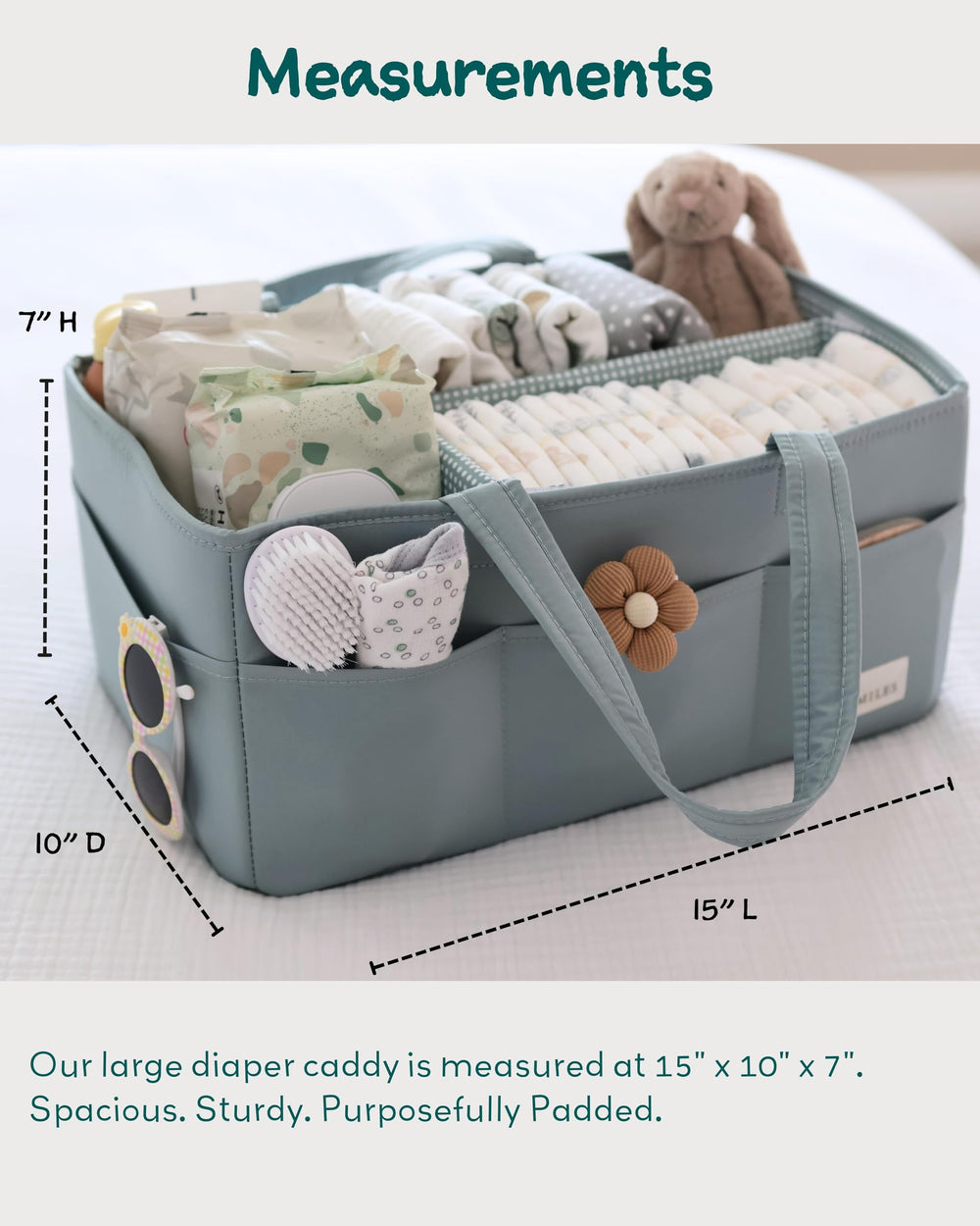 Lily Miles wipeable fabric on caddy makes cleaning quick after changes