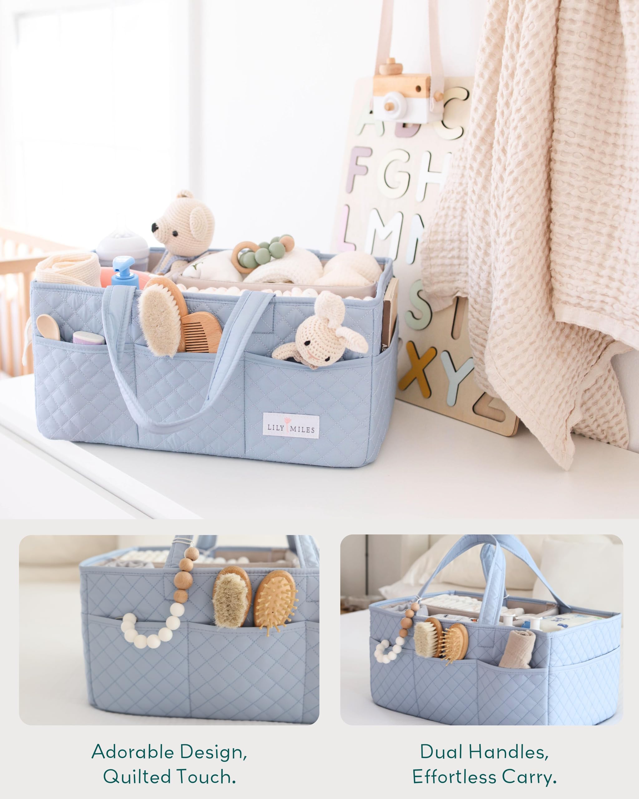 Lily Miles Baby Diaper Caddy removable dividers organize diapers and accessories for quick access