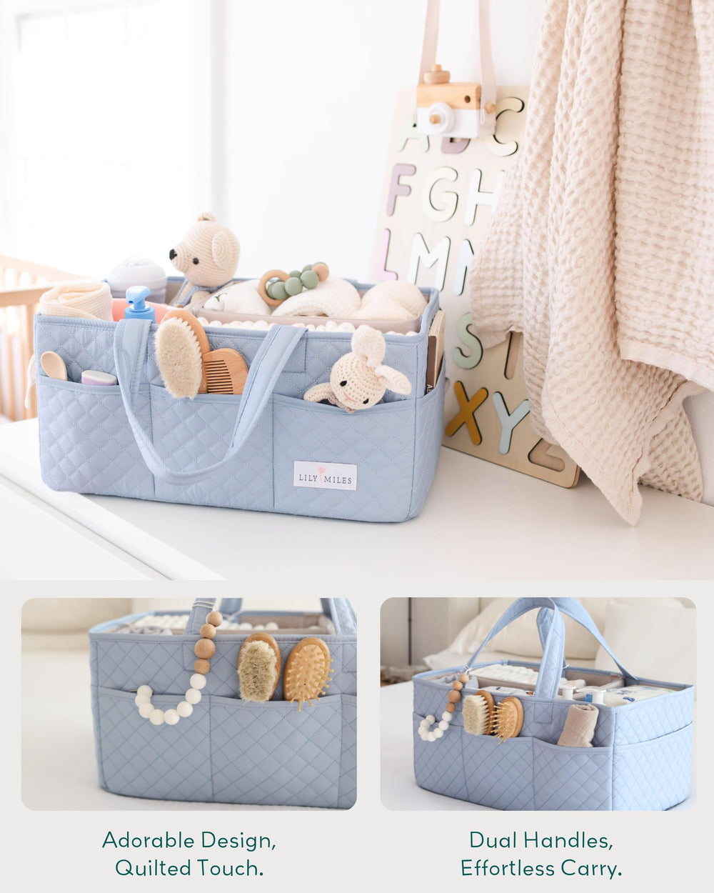 Lily Miles Baby Diaper Caddy removable dividers organize diapers and accessories for quick access