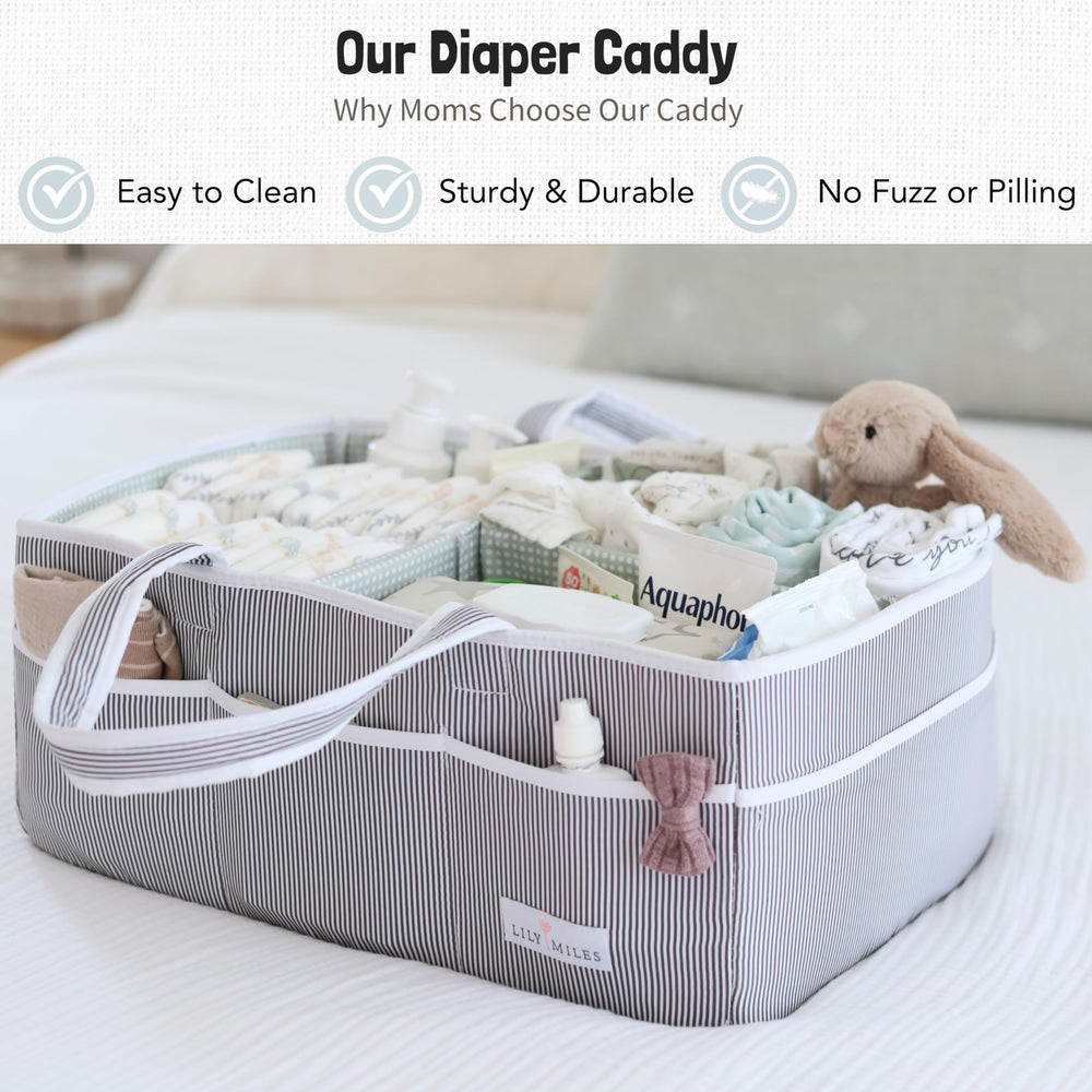 Lily Miles Baby Diaper Caddy removable dividers keeps diapers and wipes neatly organized