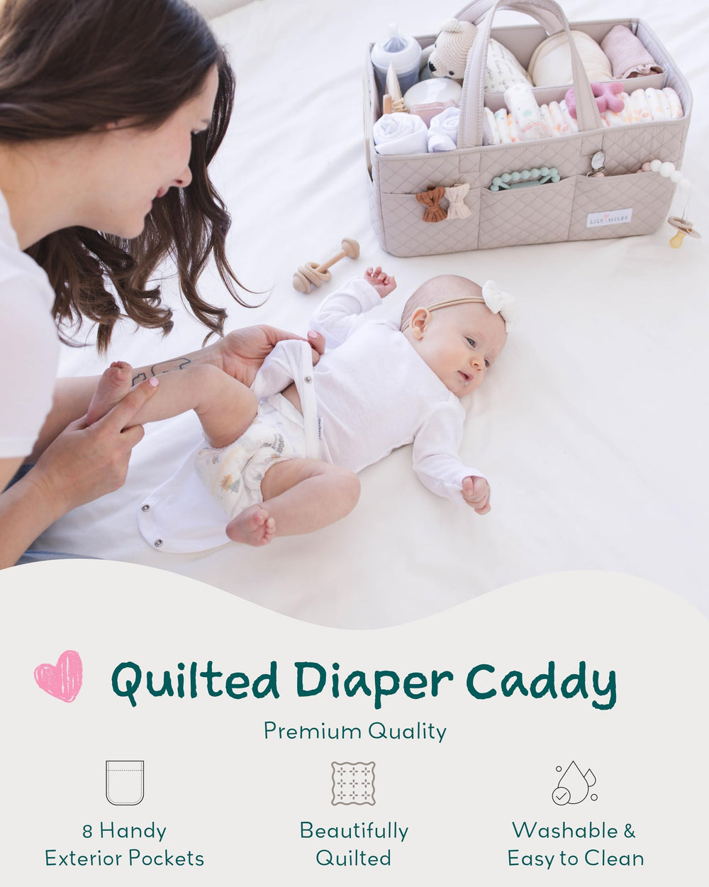 Lily Miles diaper caddy with dividers keeps diapers, wipes, and bottles neatly separated.