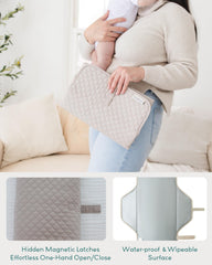 Lily Miles quilted waterproof surface highlights spill-resistant, easy-clean diaper changes.