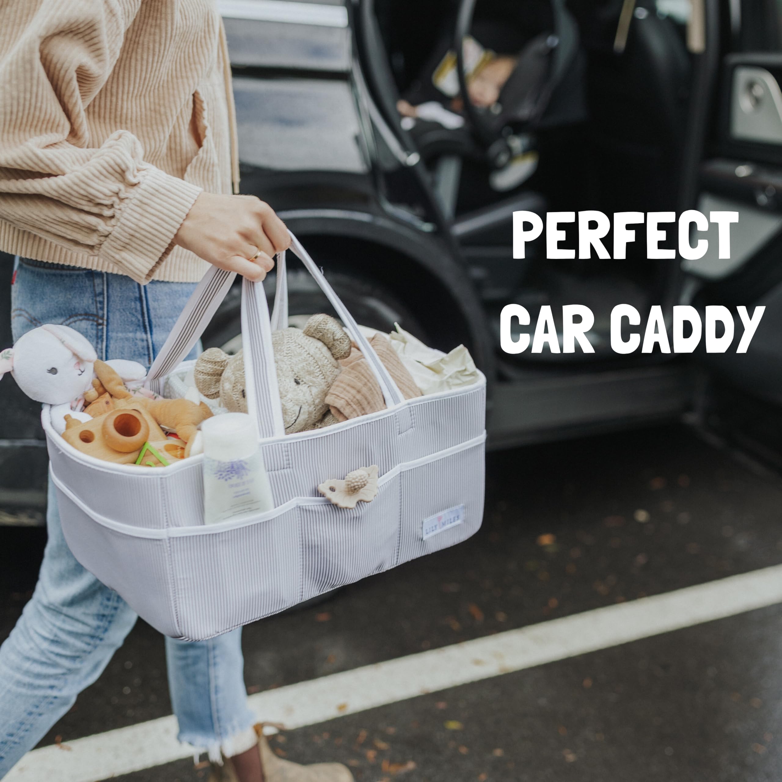 Lily Miles car-travel-ready caddy for diapering on the go.