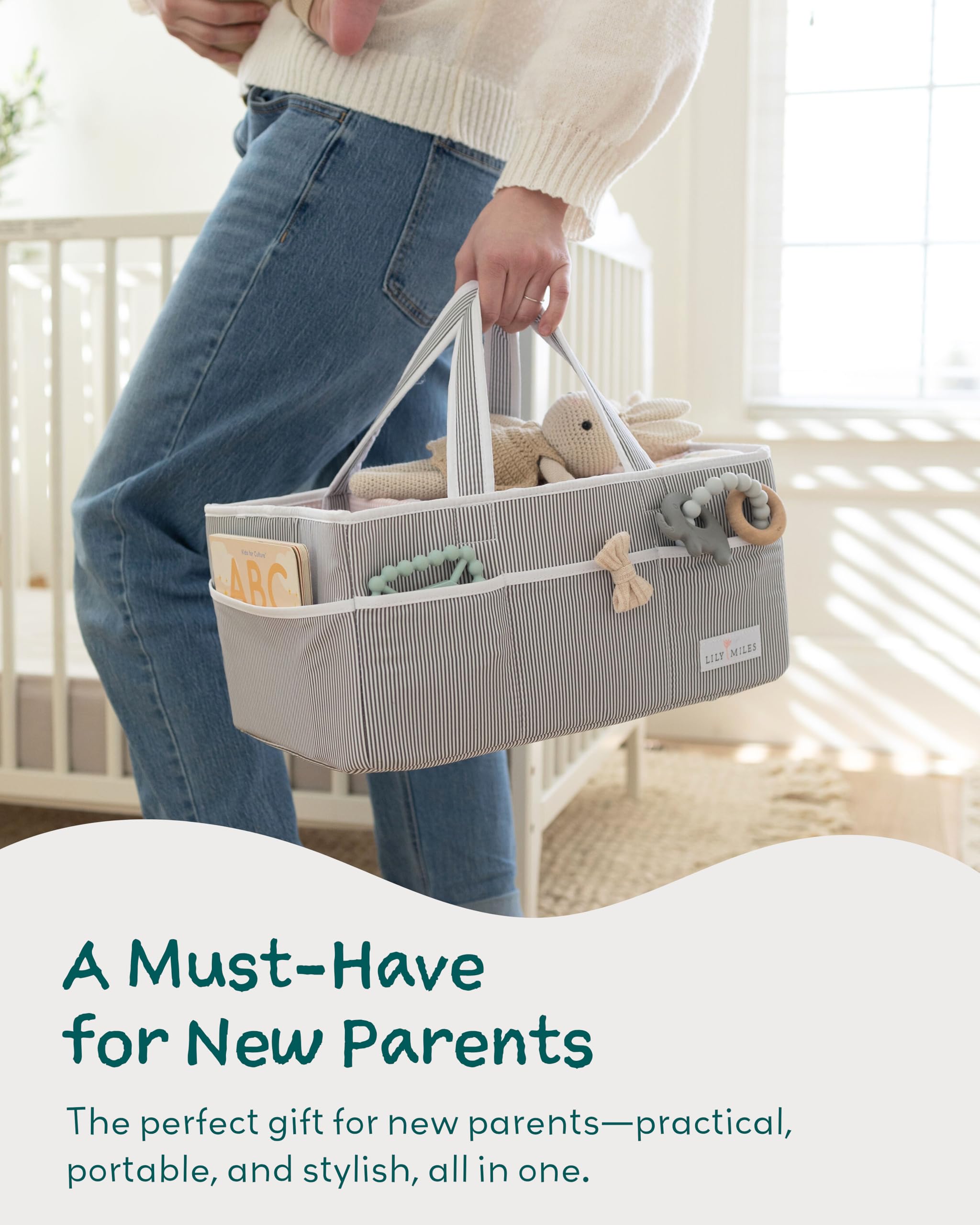 Lily Miles diaper caddy on changing table with organized compartments and pockets