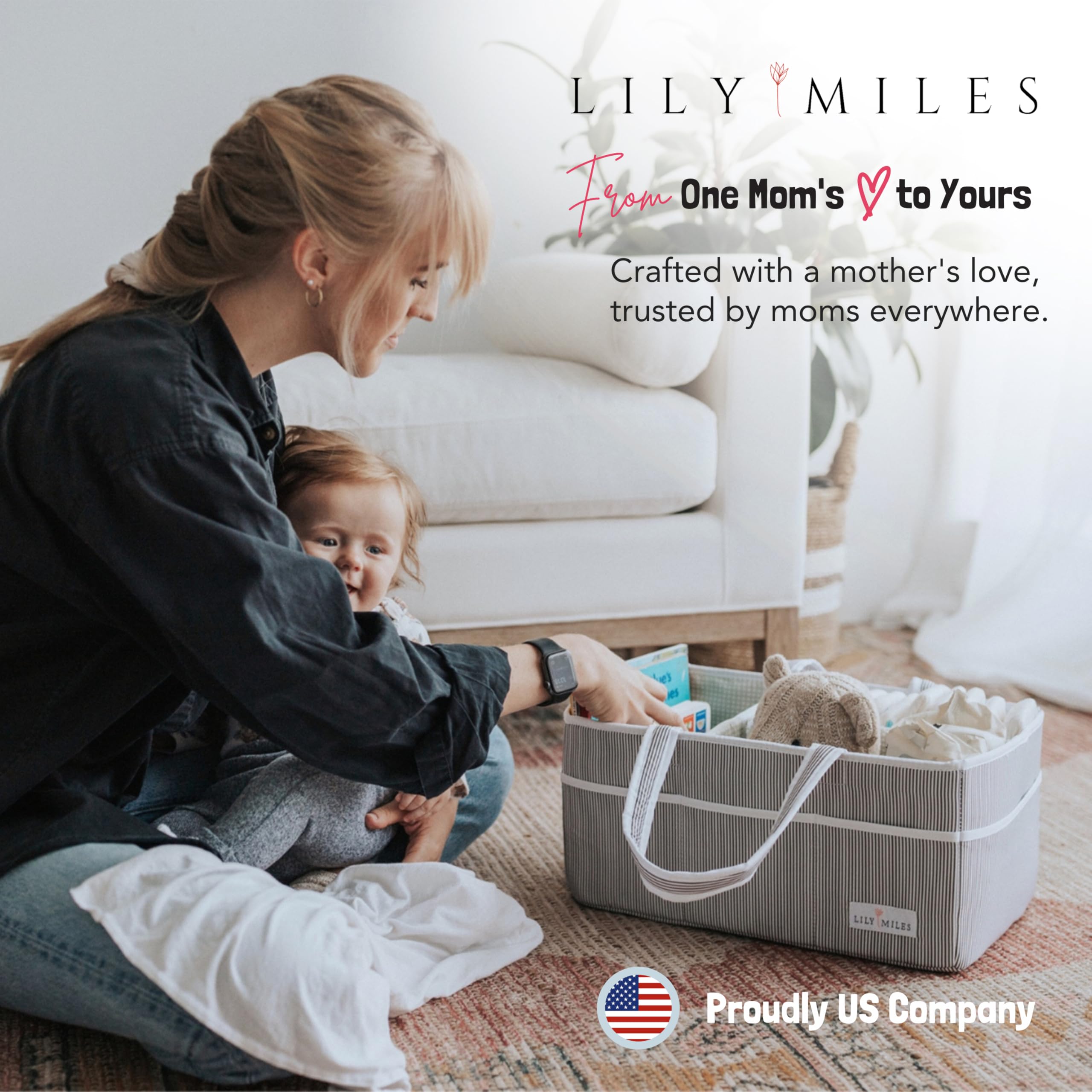 Lily Miles changing-table-ready caddy keeps essentials within arm's reach.