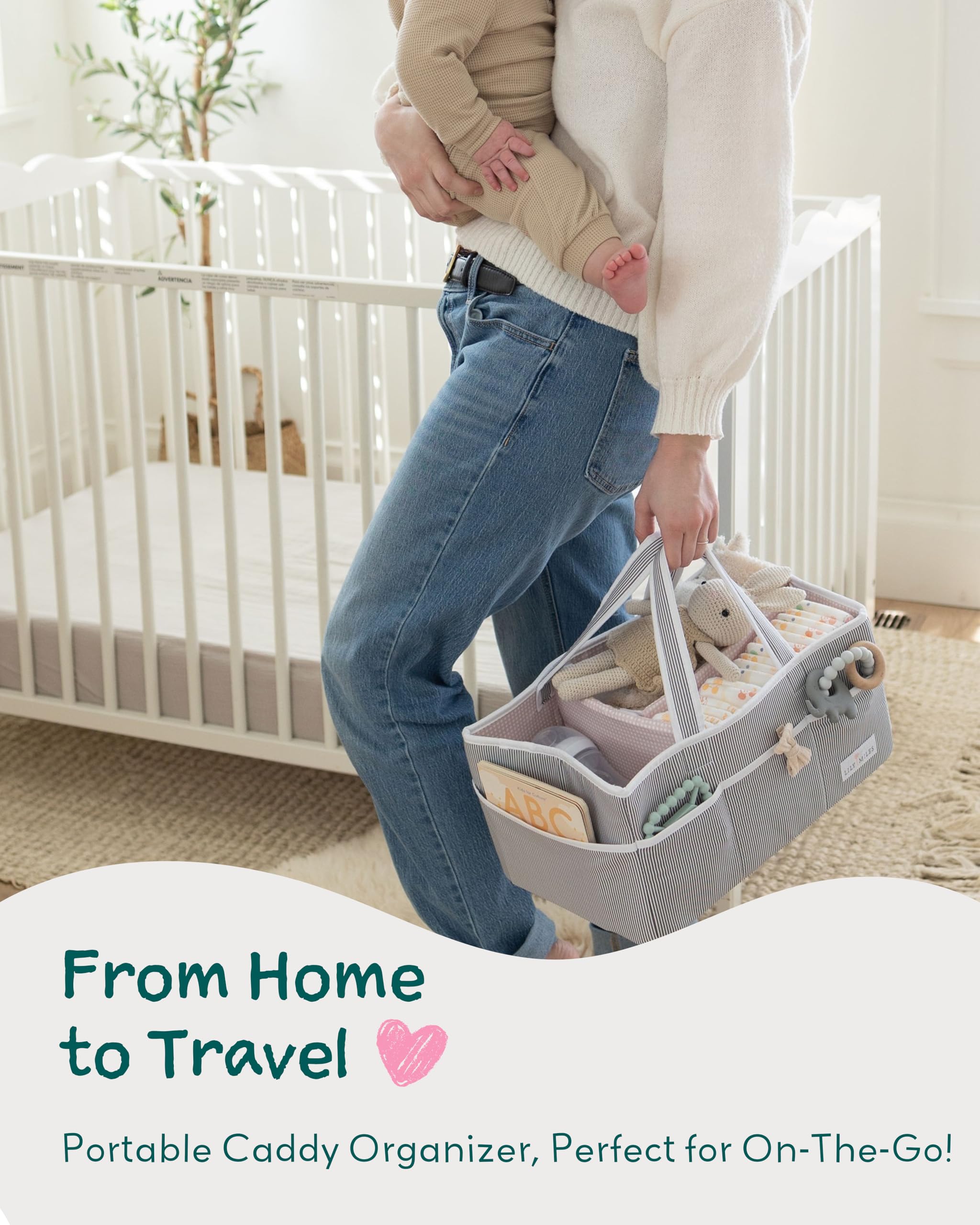 Lily Miles diaper caddy collapsible design is travel-friendly for car trips.
