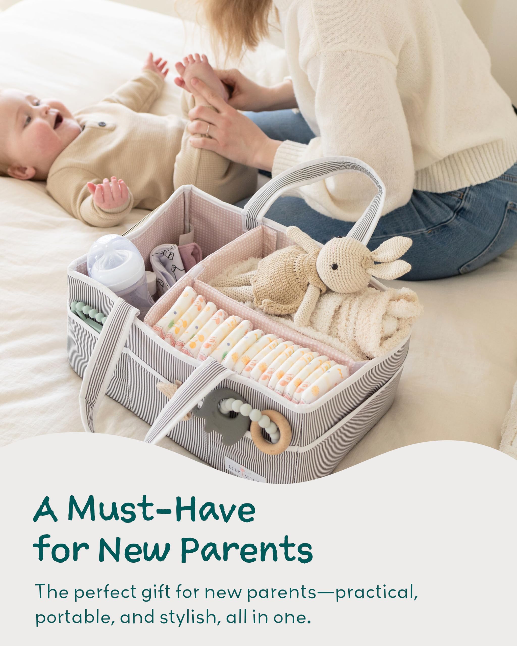 Lily Miles diaper caddy dimensions 15x10x7 inches provide spacious diapering capacity.