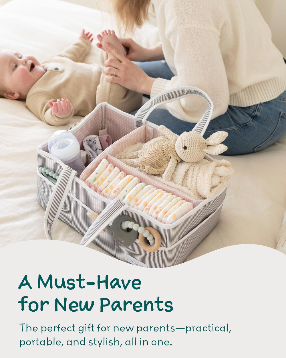 Lily Miles diaper caddy dimensions 15x10x7 inches provide spacious diapering capacity.