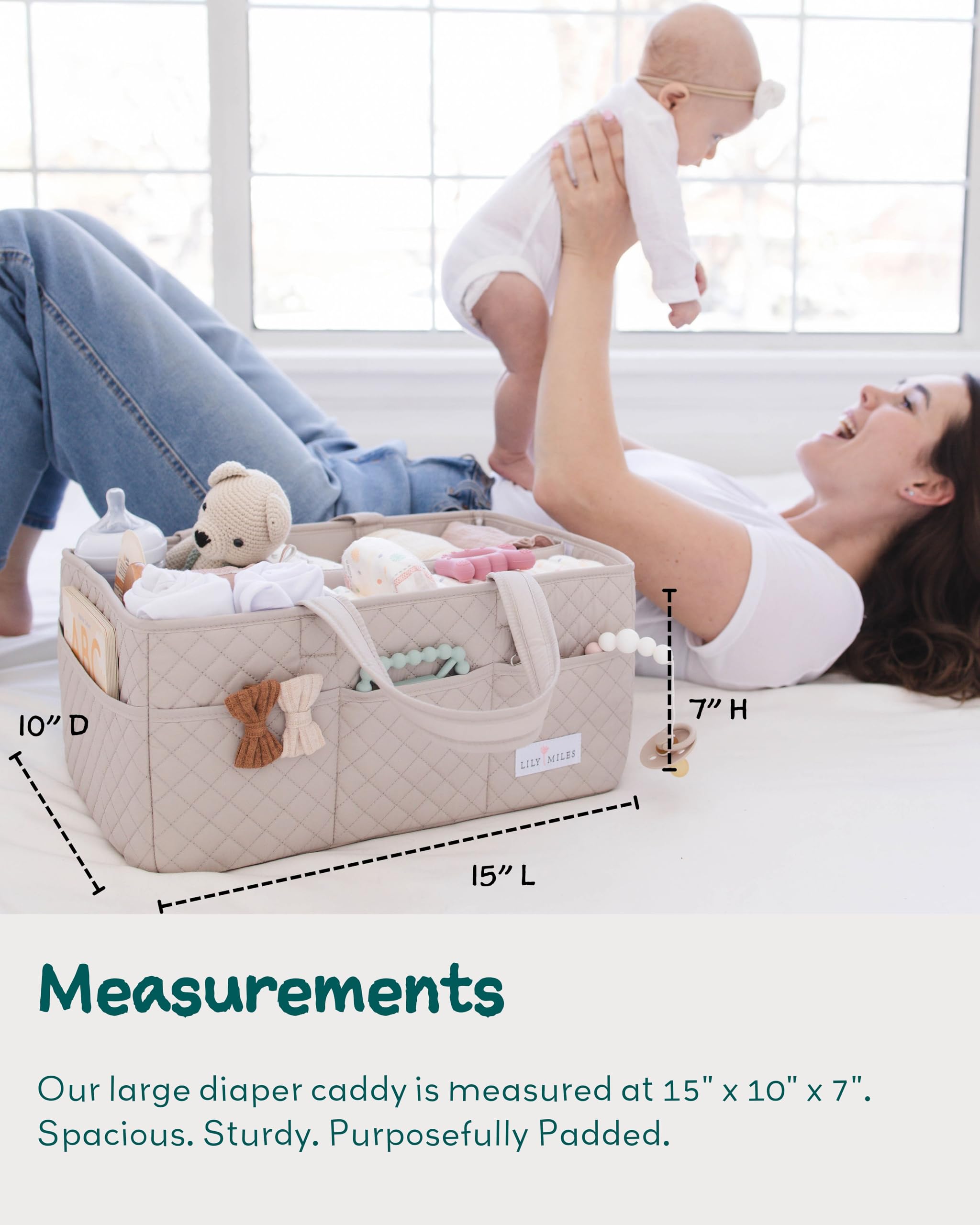 Lily Miles diaper caddy features eight outer pockets for toys and creams.
