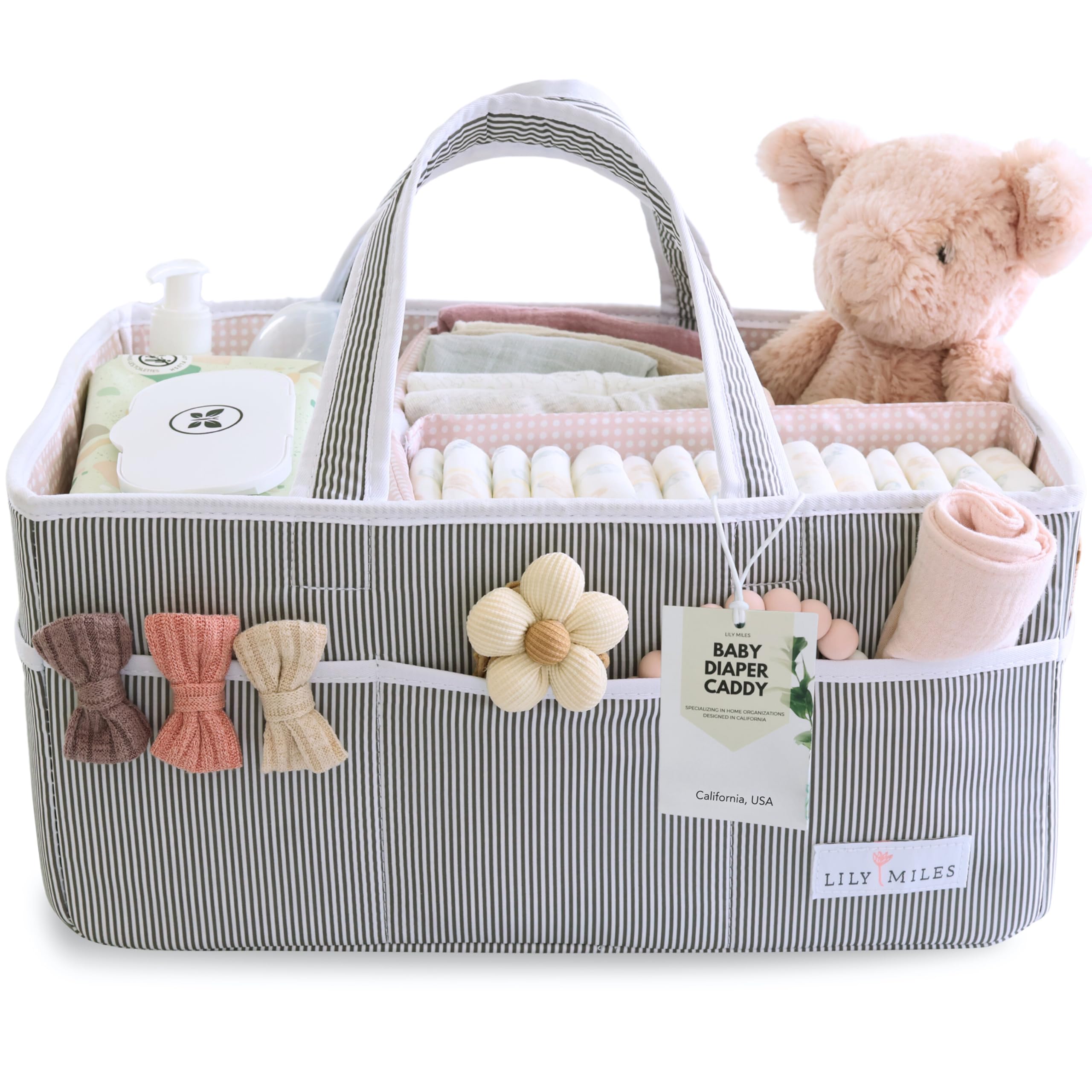 Lily Miles diaper caddy front view in pink blush for organized nursery essentials.