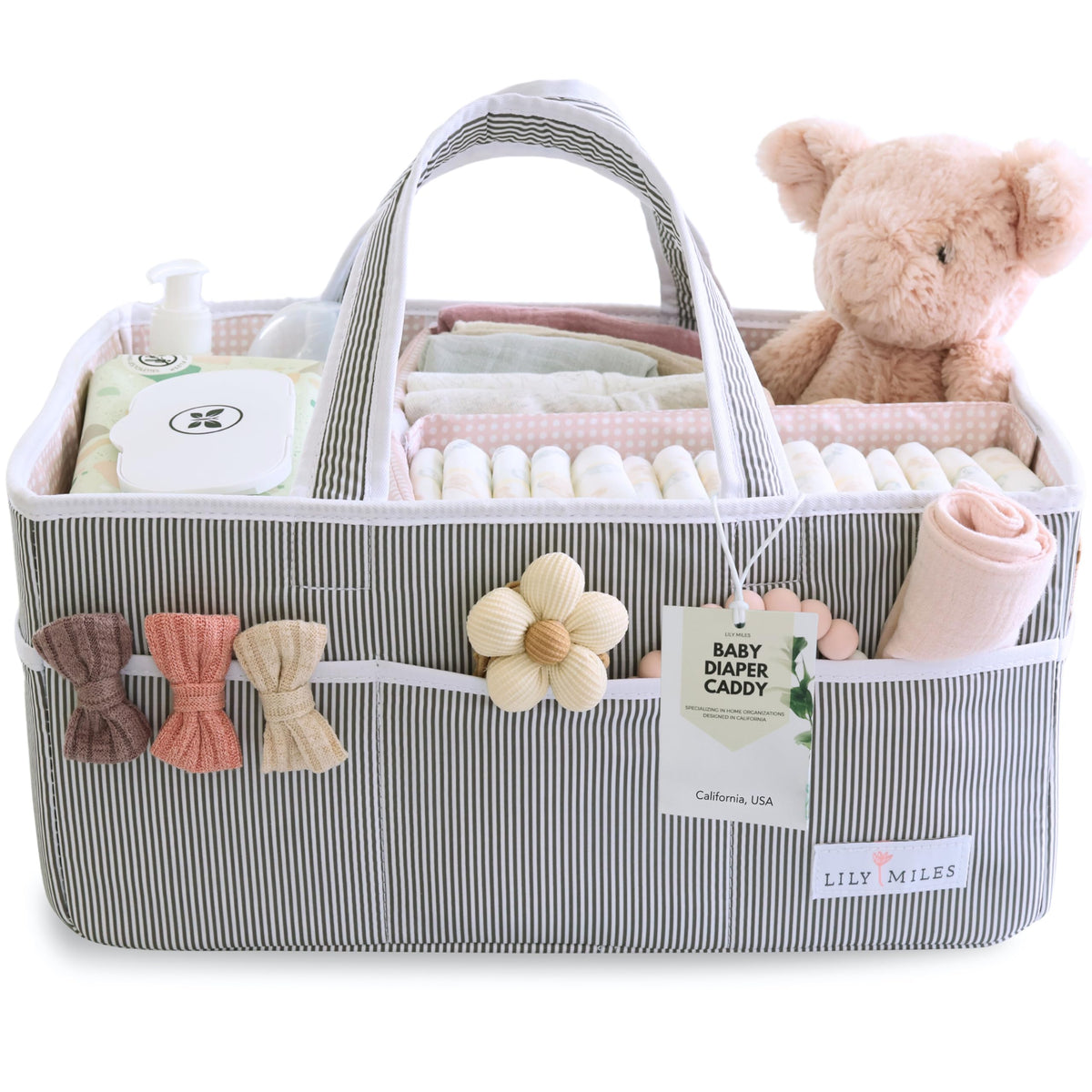 Lily Miles diaper caddy front view in pink blush for organized nursery essentials.