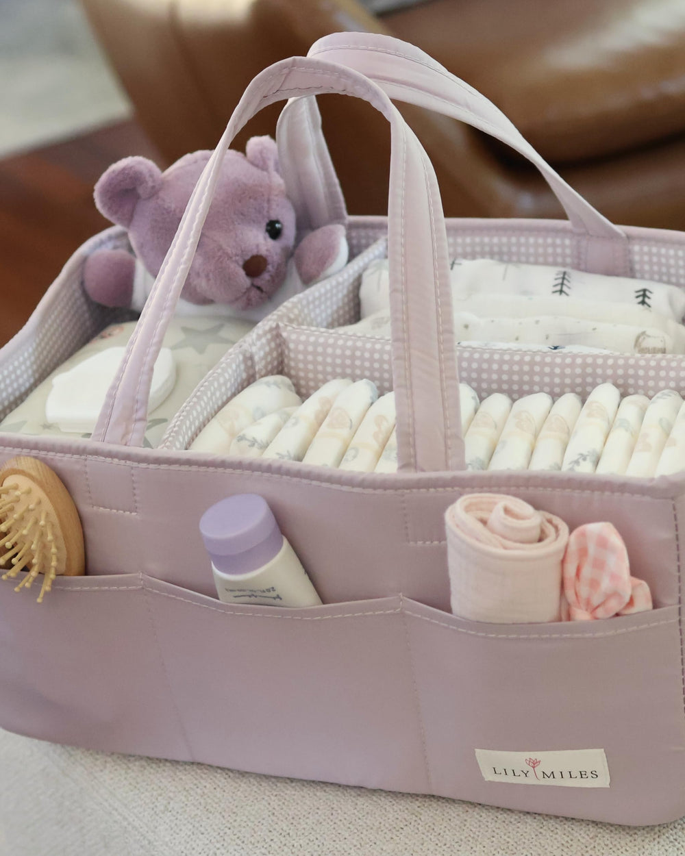 Lily Miles diaper caddy makes a thoughtful baby shower gift.