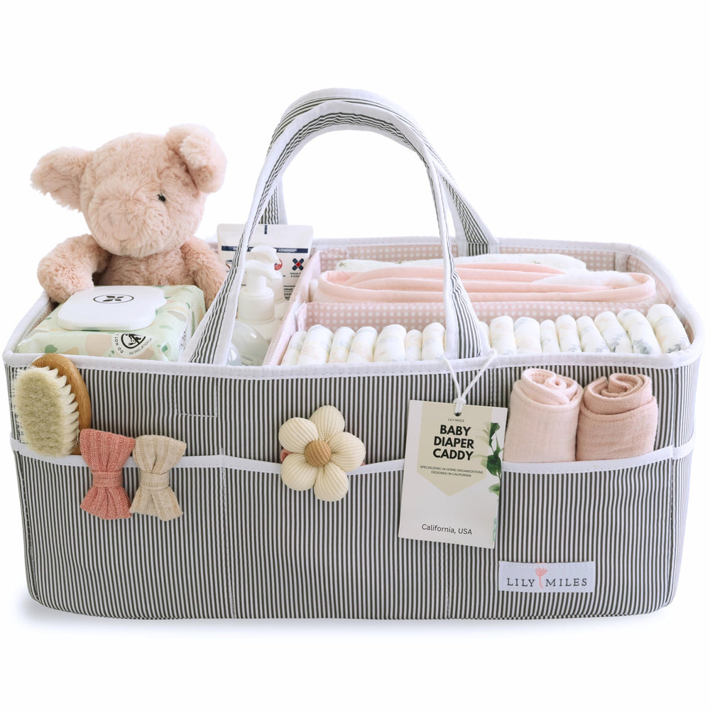 Lily Miles diaper caddy with open compartments for quick diaper changes.