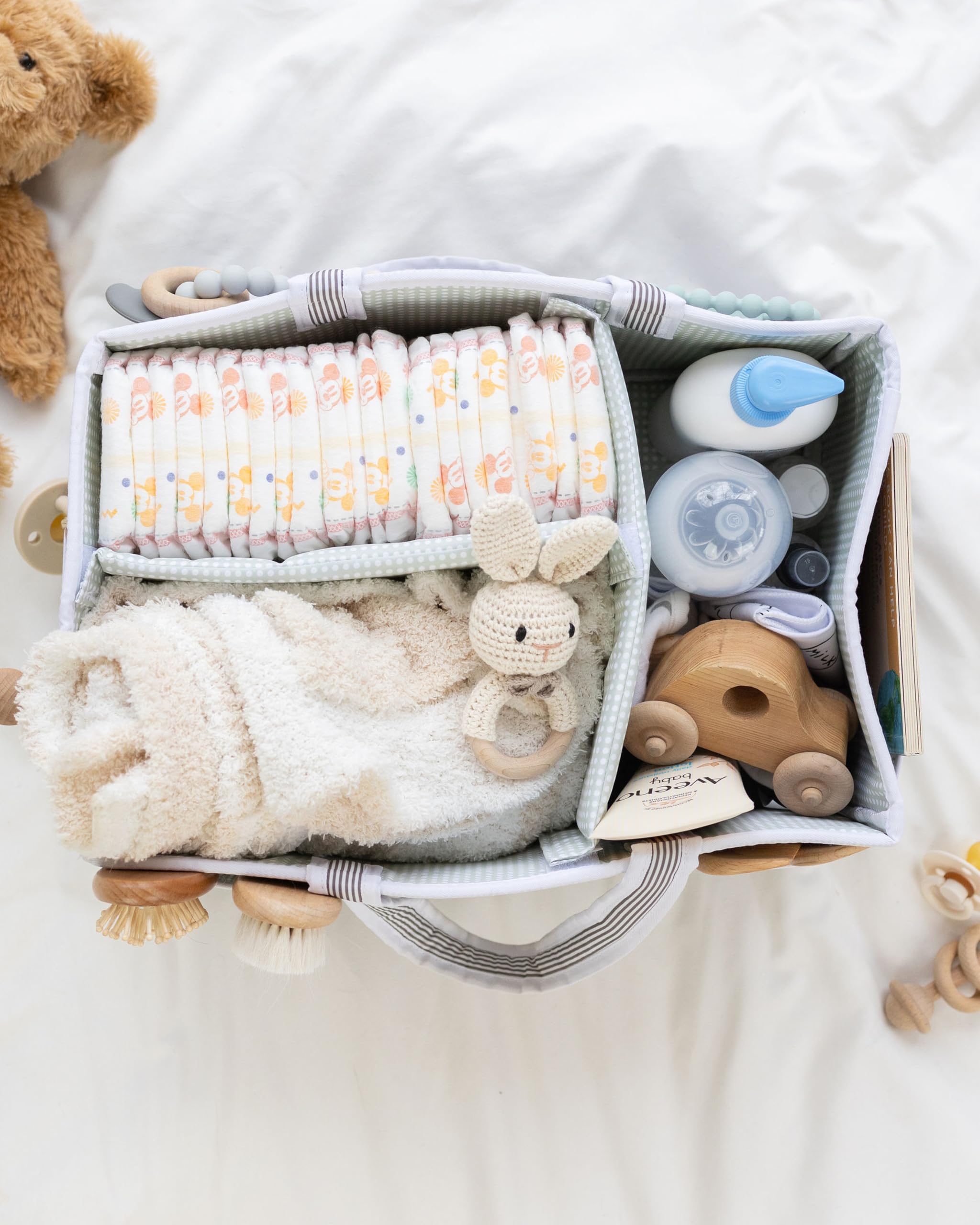 Lily Miles diaper caddy gray-neutral tone complements nursery decor