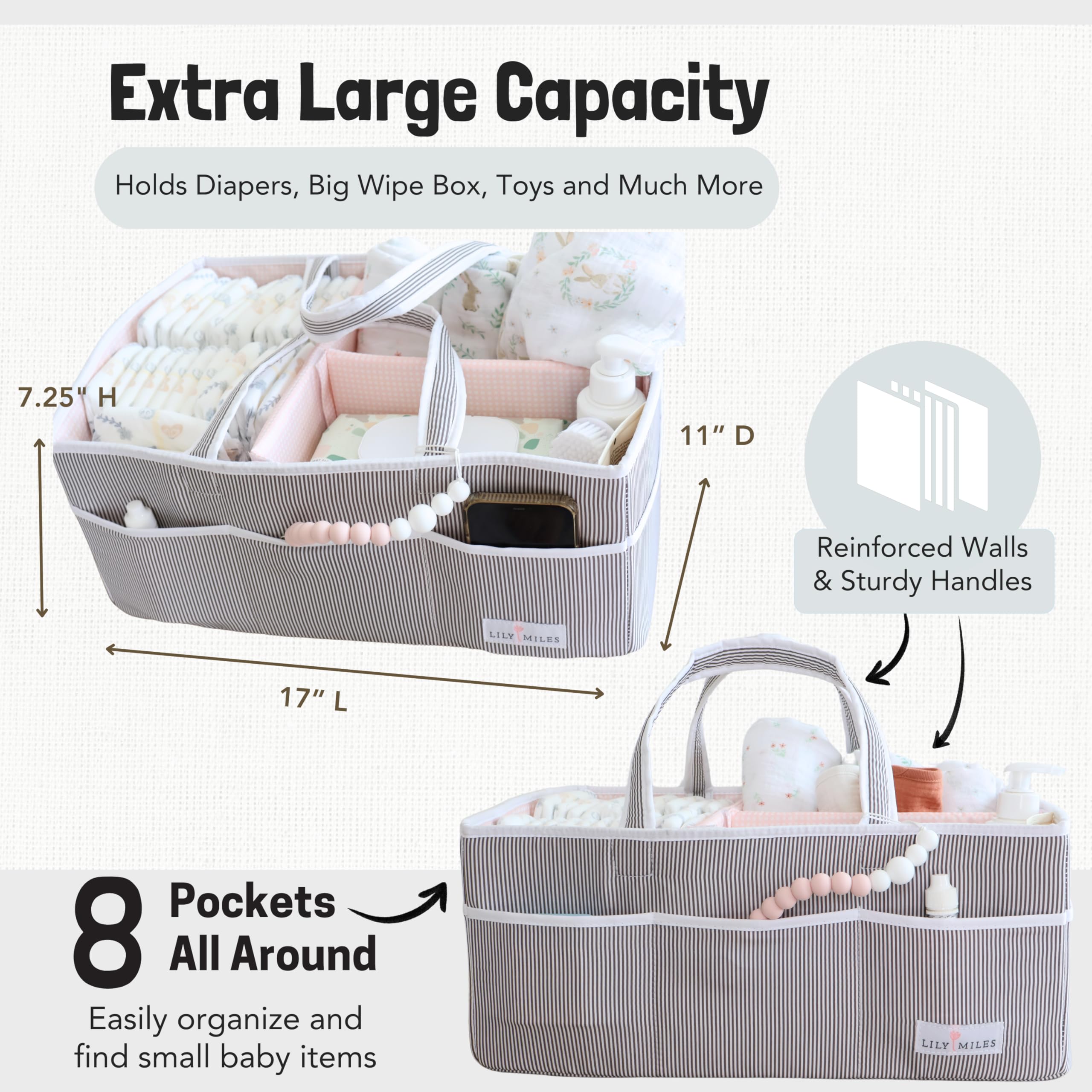 Lily Miles diaper caddy hand-washable interior for easy care.