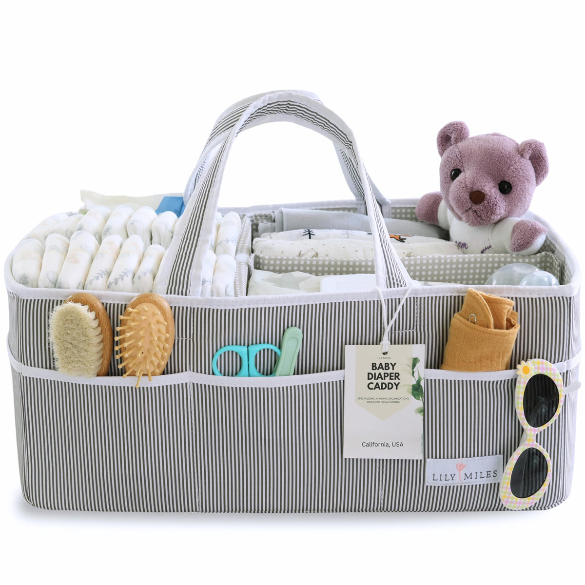 Lily Miles diaper caddy in gray with ample nursery storage for diapers and wipes.