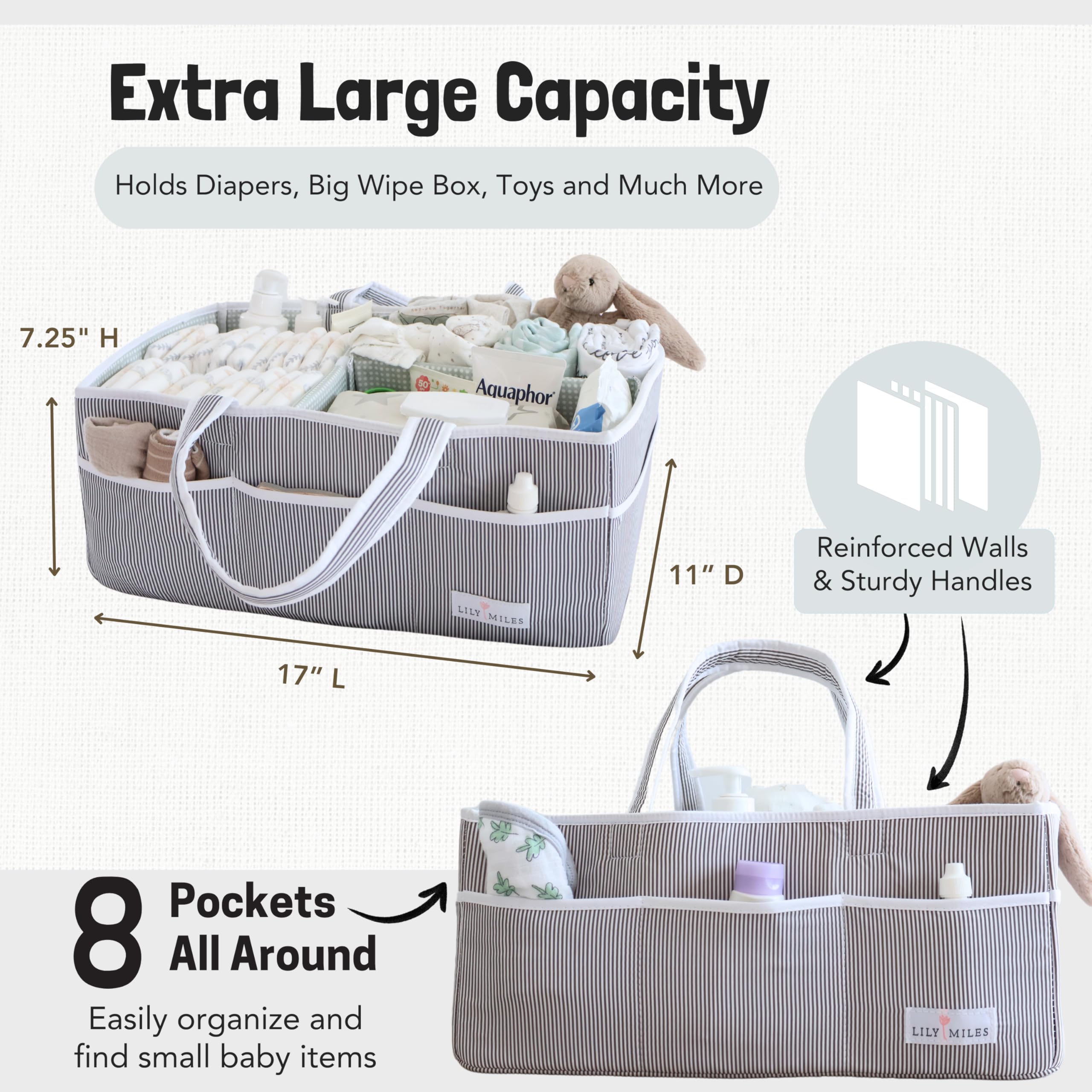 Lily Miles diaper caddy in a nursery setup for tidy changing station.