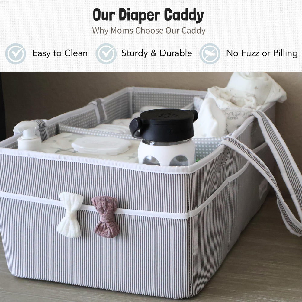 Lily Miles diaper caddy with open dividers for quick-access organization.