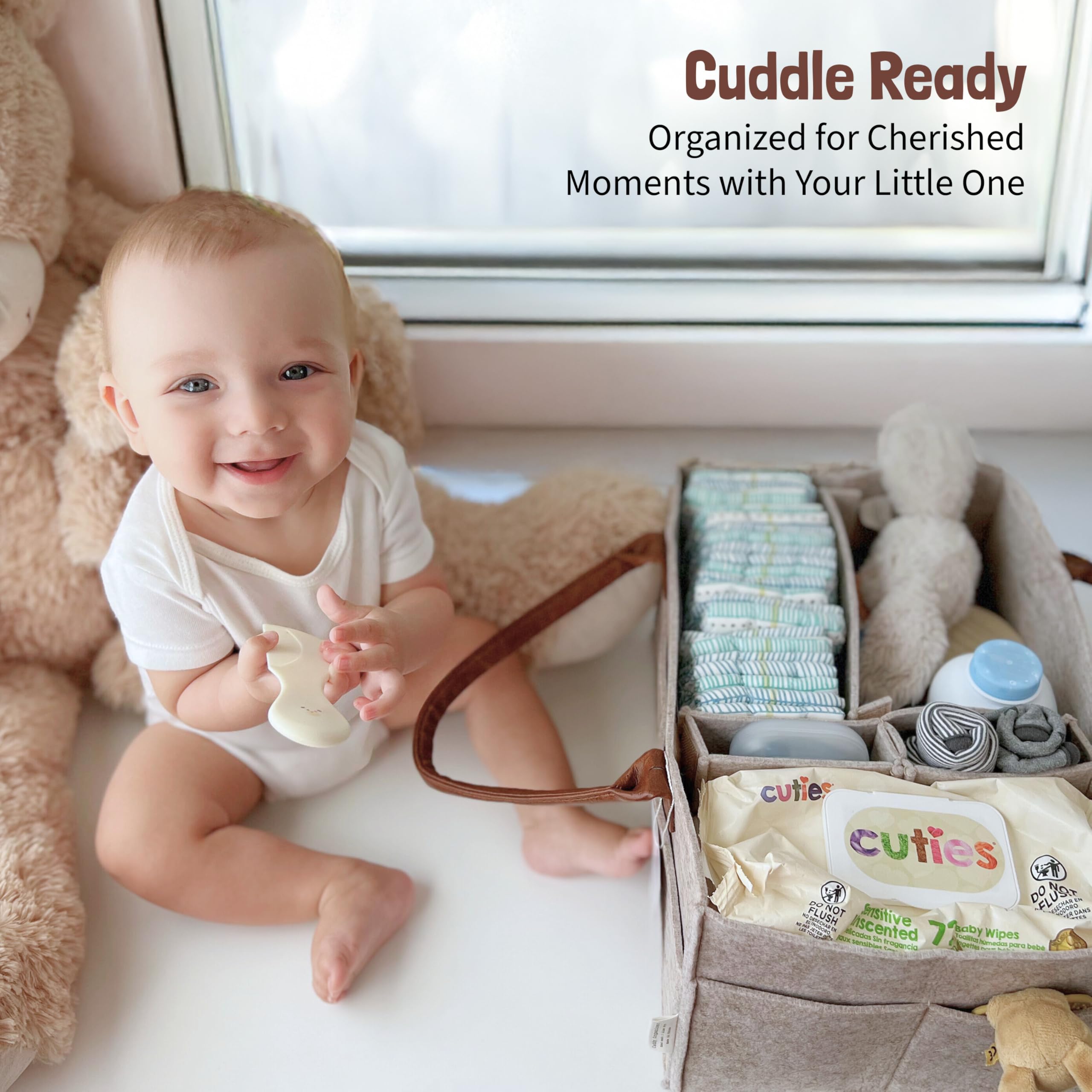 Lily Miles diaper caddy organizer in car suggests easy access to diapers and wipes on trips.