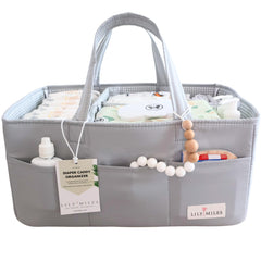 Lily Miles diaper caddy organizer front view shows spacious pockets for essentials.
