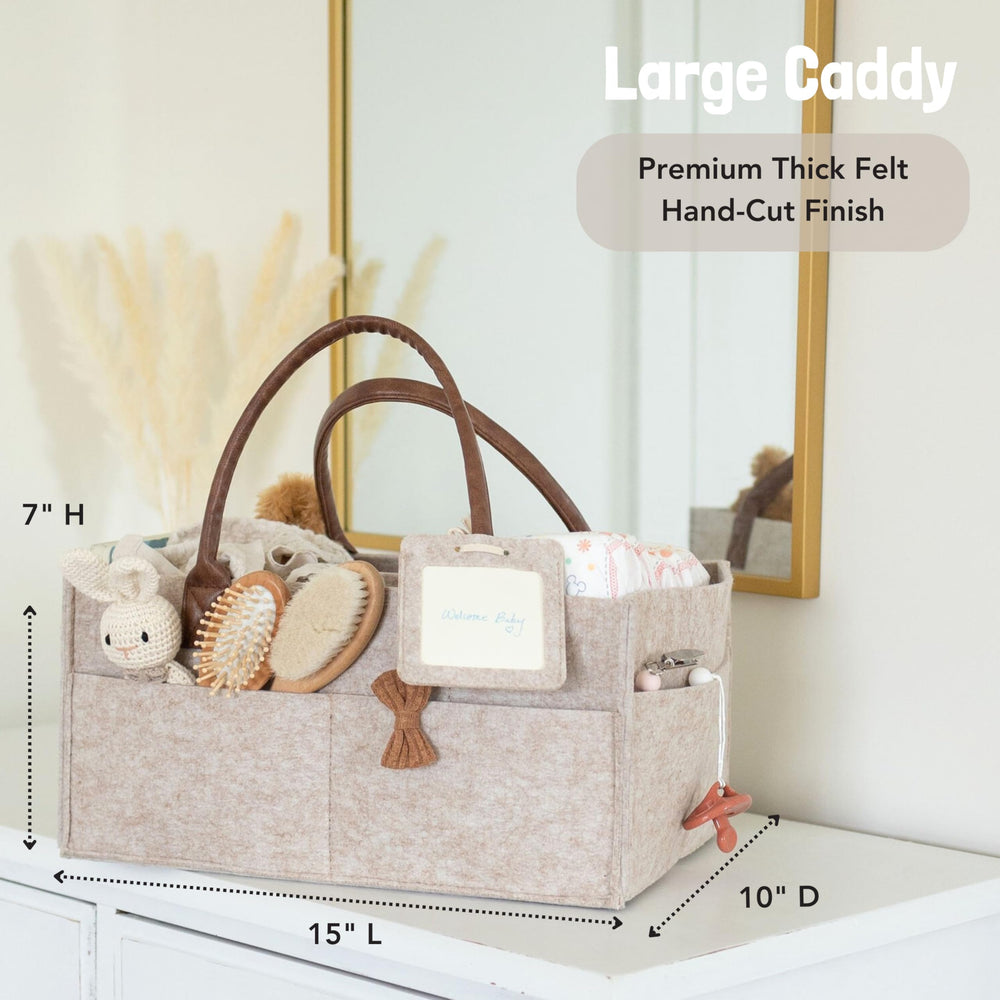 Lily Miles diaper caddy organizer hang tag detail adds customizable flair to celebrate baby milestones.