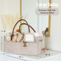 Lily Miles diaper caddy organizer hang tag detail adds customizable flair to celebrate baby milestones.