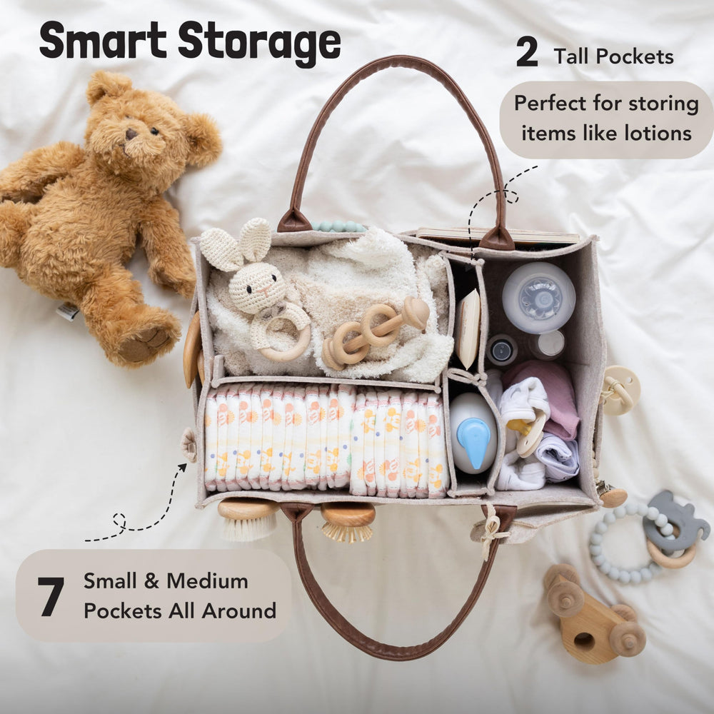 Lily Miles diaper caddy organizer interior compartments illustrate seven pockets for diapers, wipes, and essentials.