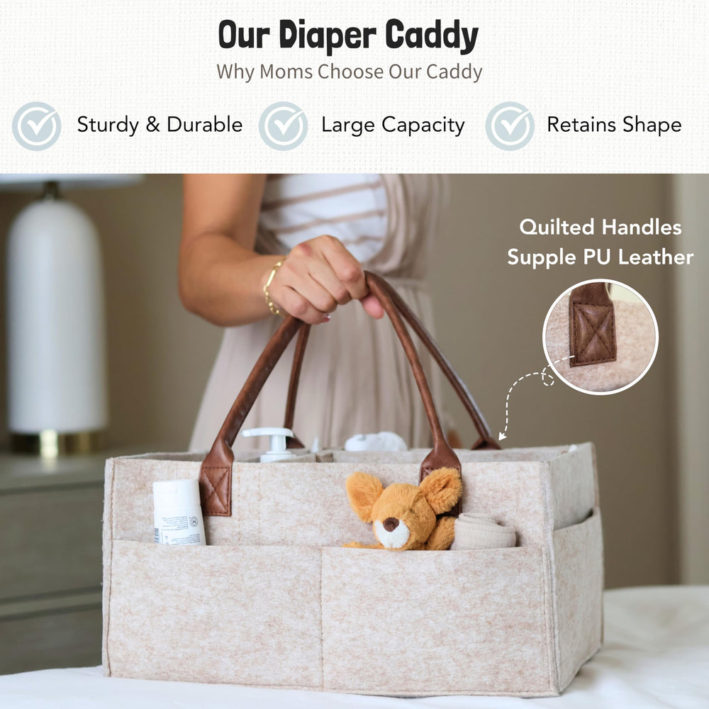 Lily Miles diaper caddy organizer side view shows sturdy construction for everyday parenting needs.