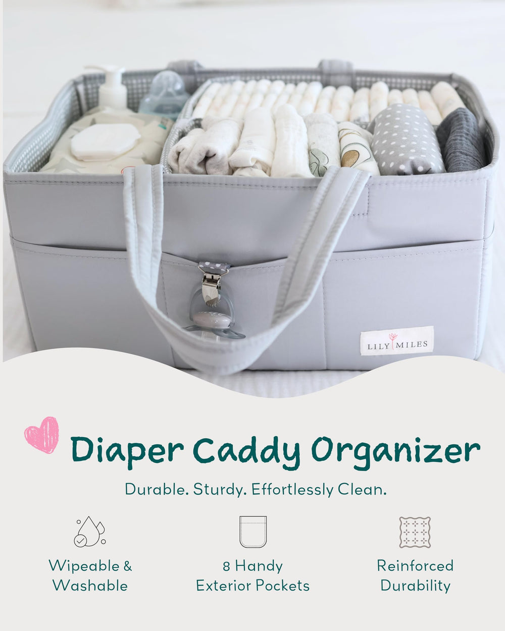 Lily Miles diaper caddy organizer top open highlights easy bottle and wipe access.