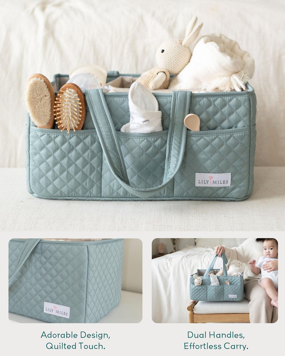 Lily Miles diaper caddy outer pockets organize bottles, wipes, and creams within reach.