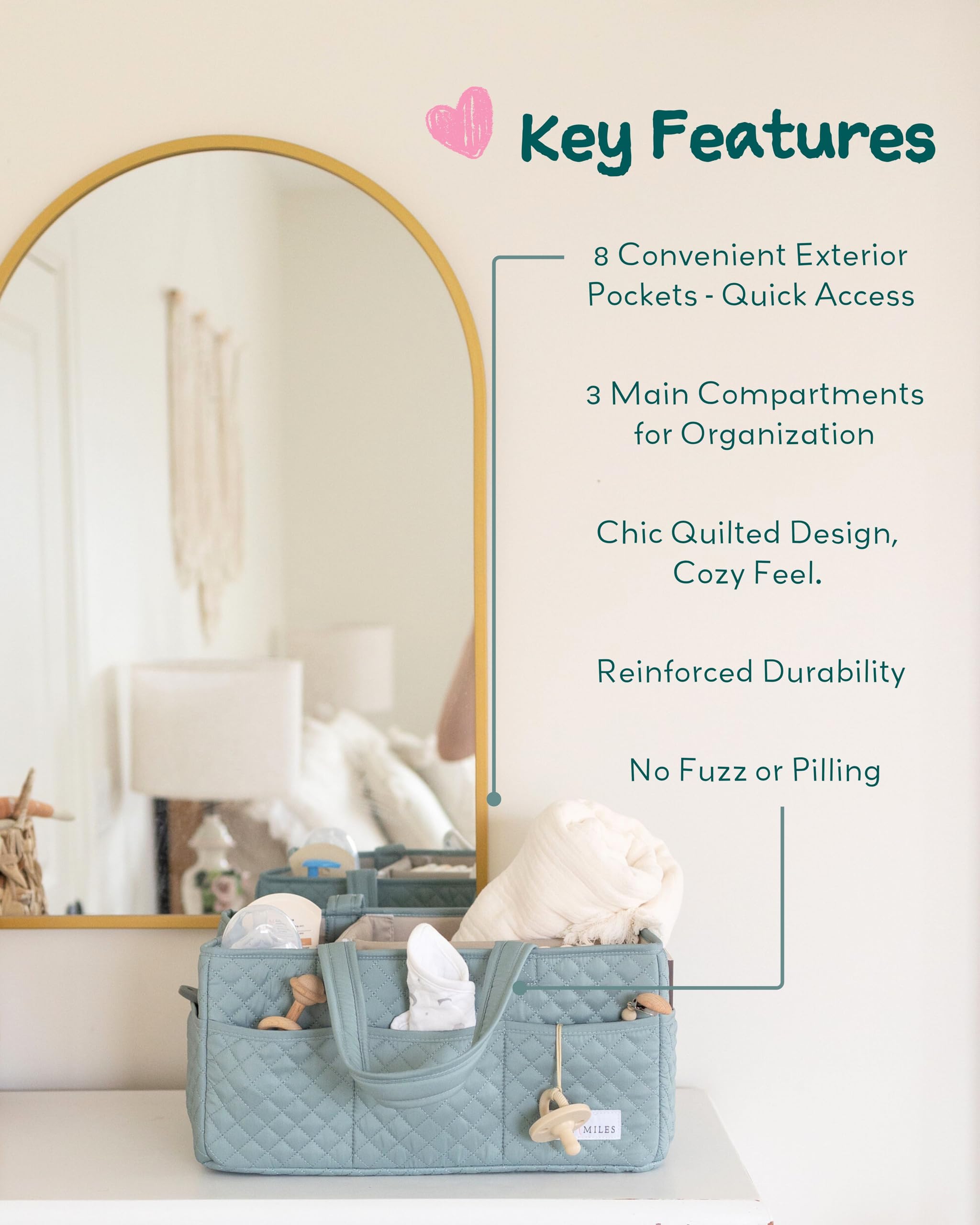 Lily Miles diaper caddy portable handles enable easy transport between rooms for on the go care.