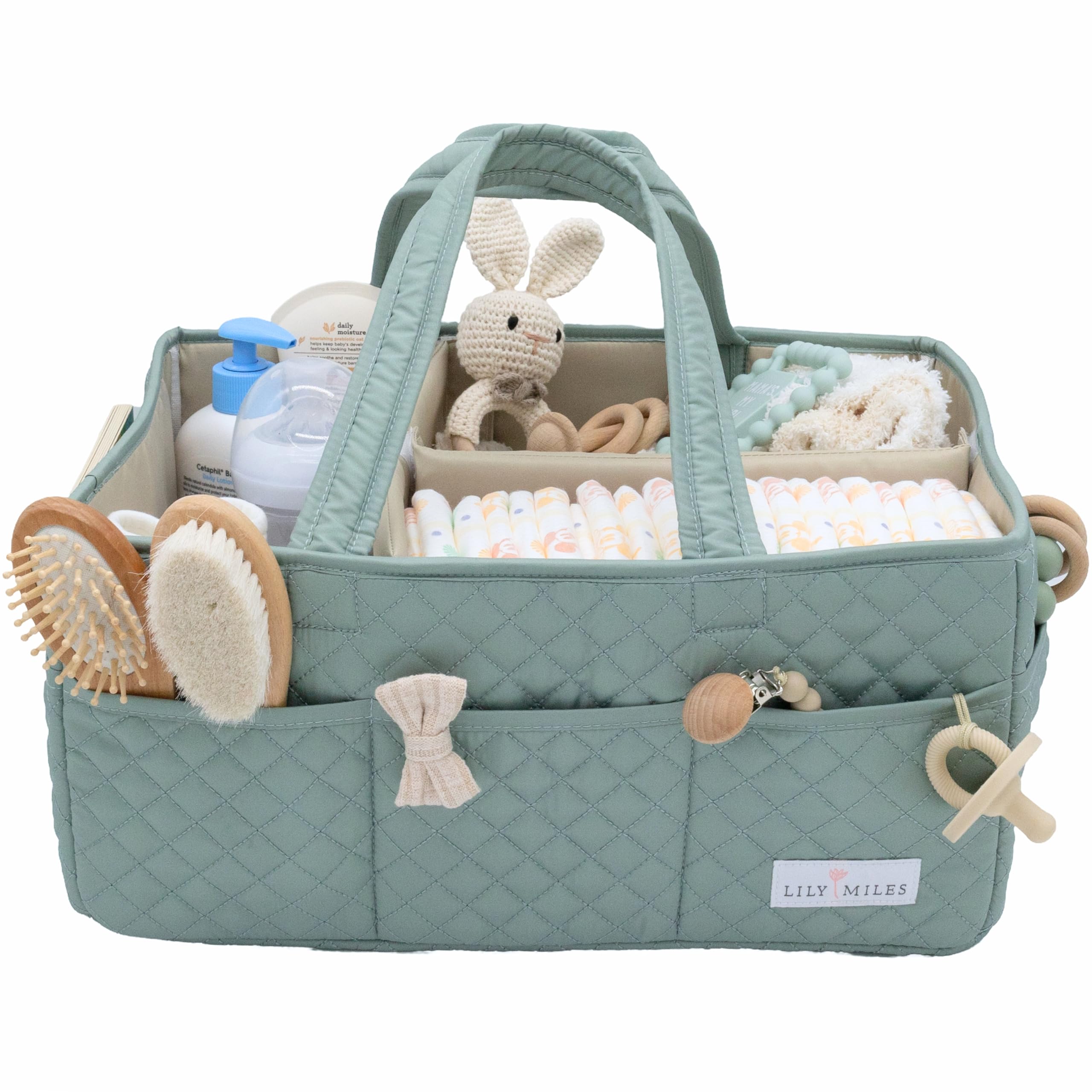 Lily Miles diaper caddy shows a quilted design for stylish nursery organization and easy reach of essentials.