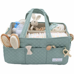 Lily Miles diaper caddy shows a quilted design for stylish nursery organization and easy reach of essentials.