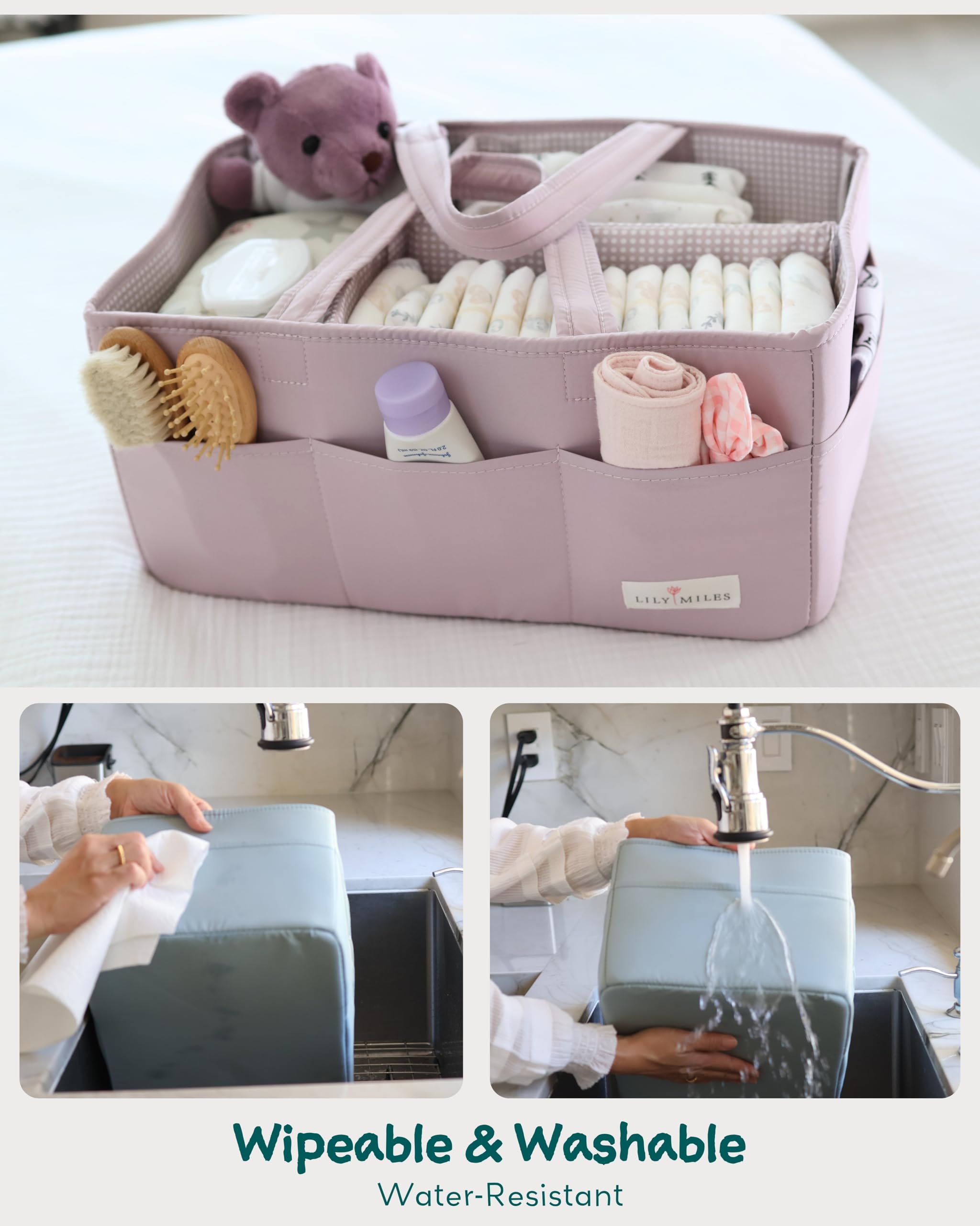 Lily Miles caddy includes removable dividers for customized storage.