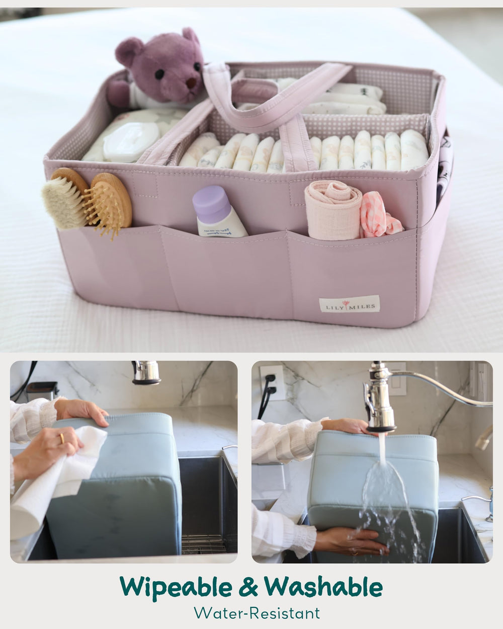 Lily Miles caddy includes removable dividers for customized storage.