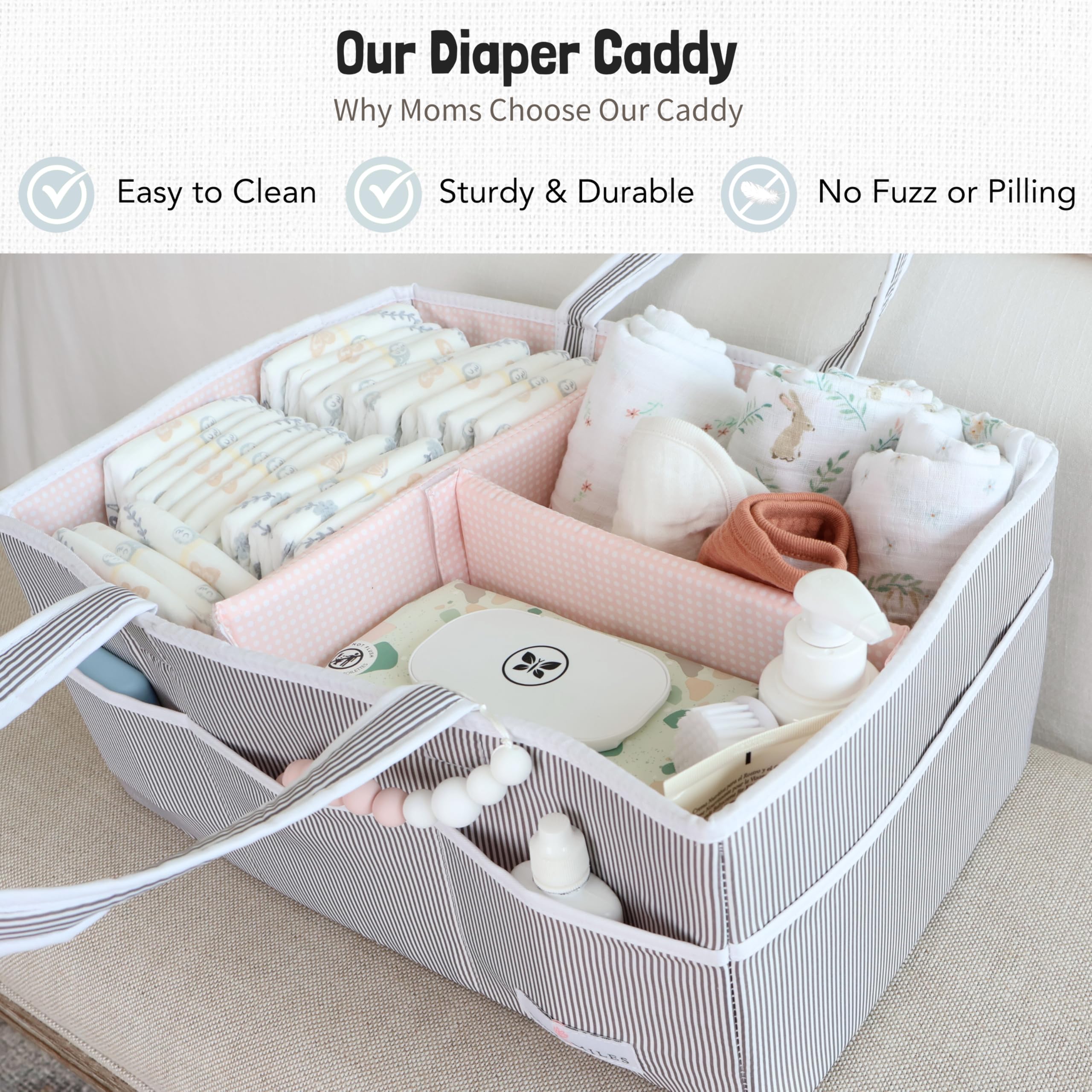 Lily Miles diaper caddy with removable dividers for customizable storage.