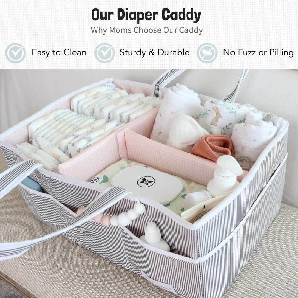 Lily Miles diaper caddy with removable dividers for customizable storage.