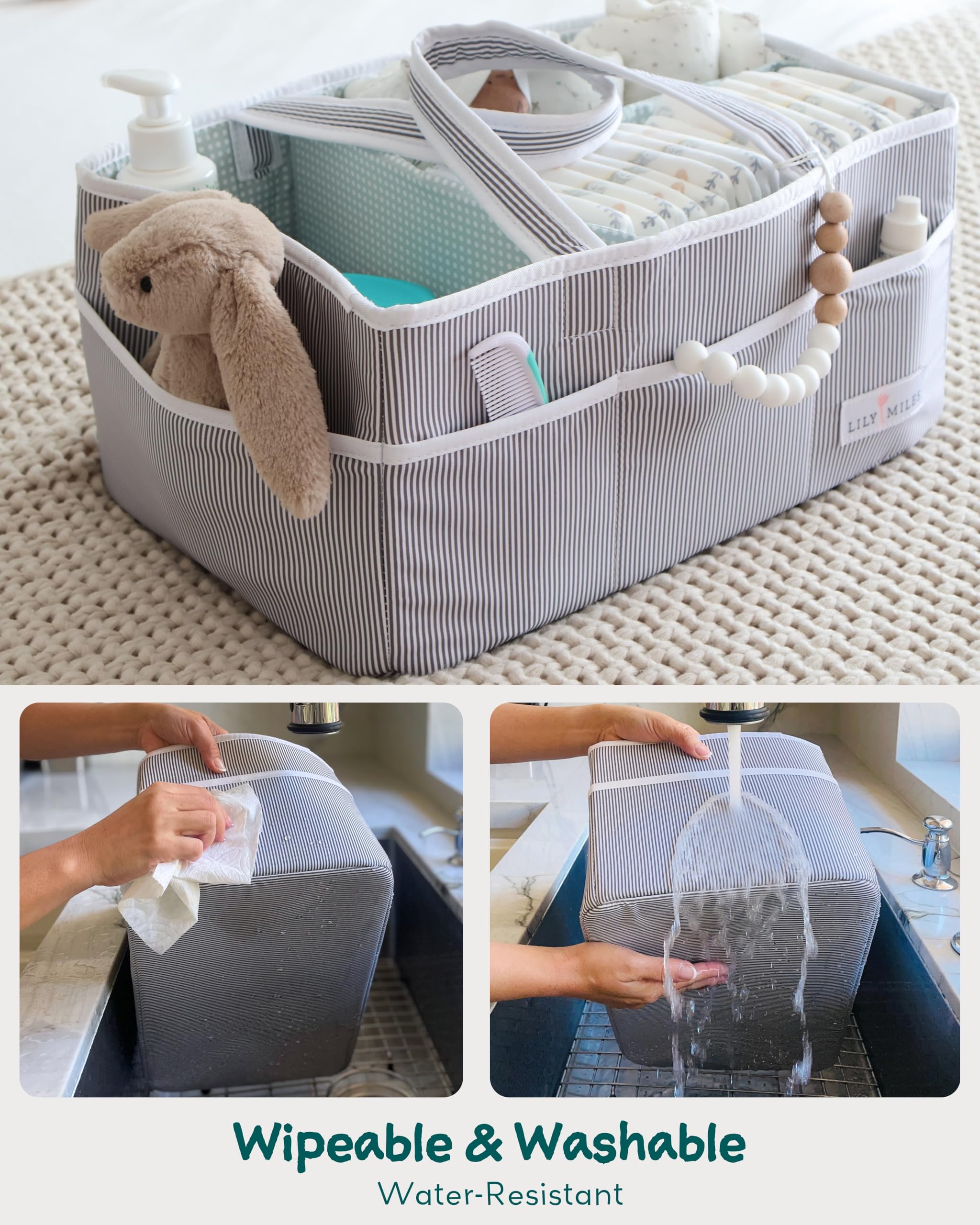 Lily Miles diaper caddy with removable dividers for flexible layouts