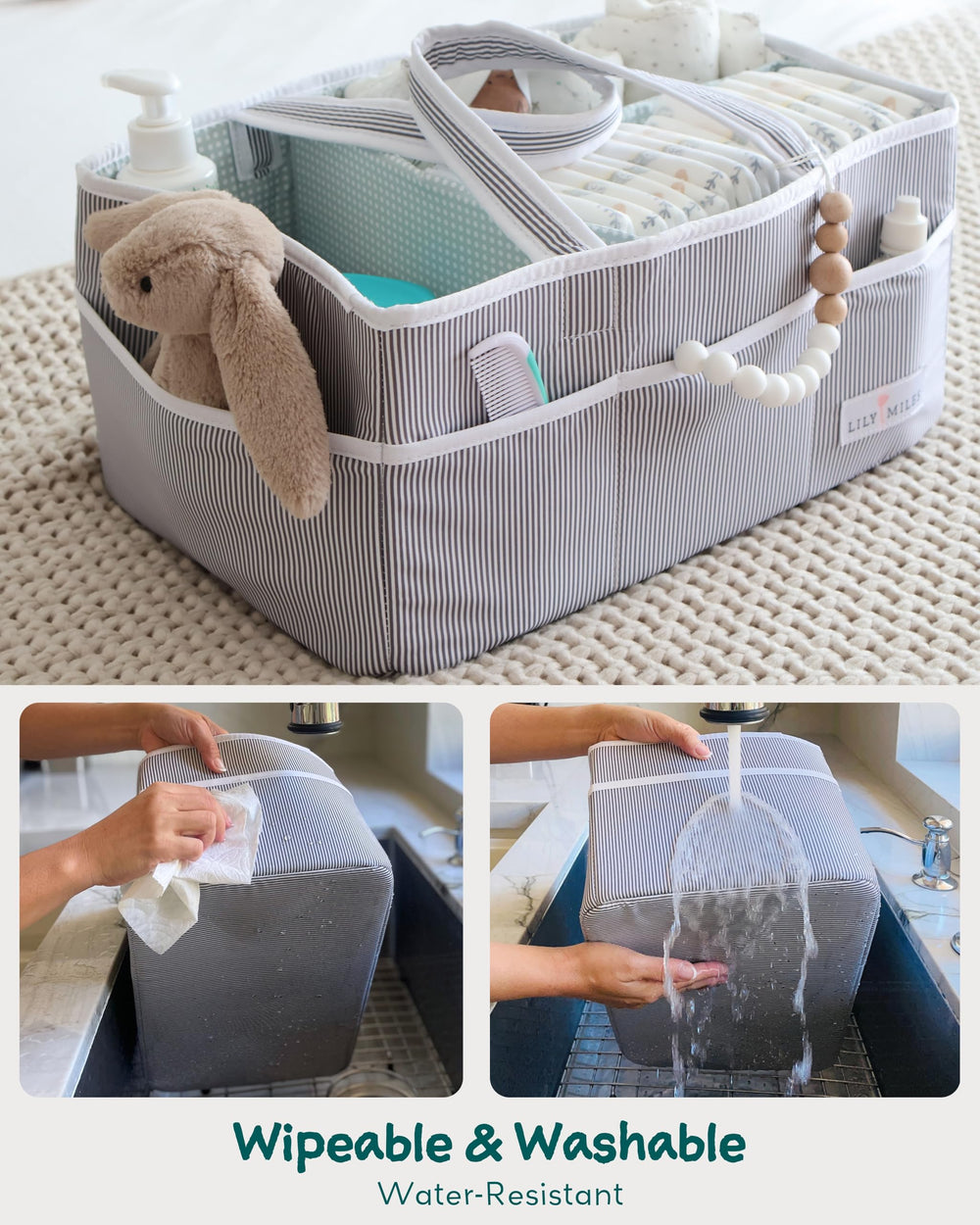 Lily Miles diaper caddy with removable dividers for flexible layouts