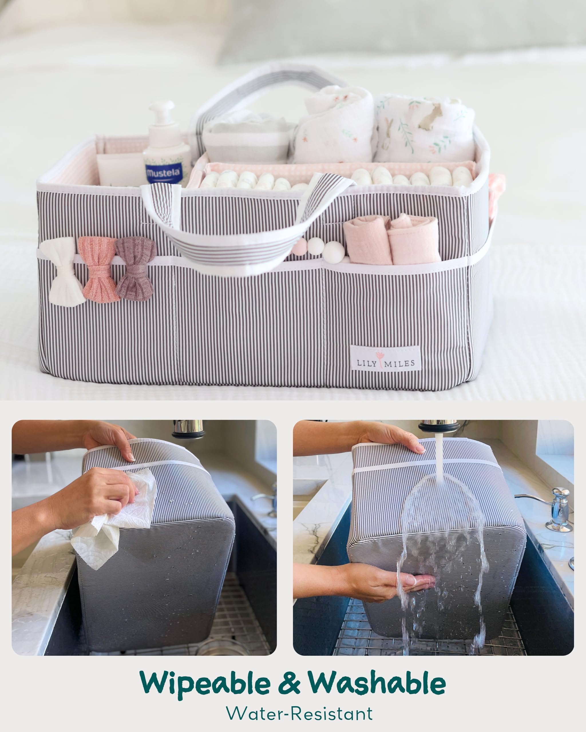 Lily Miles diaper caddy removable dividers offer flexible storage for diapers and wipes.