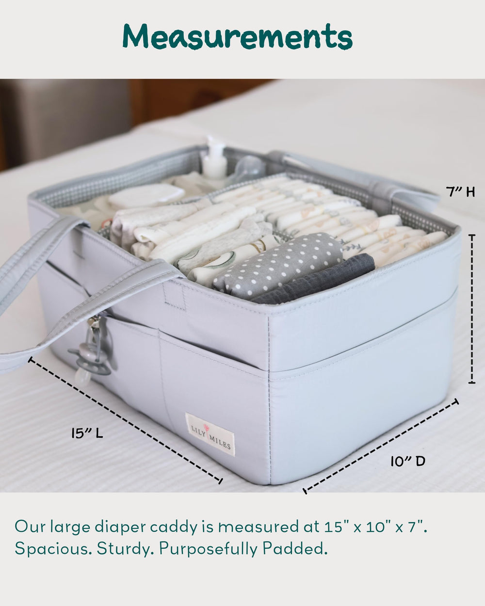 Lily Miles removable inserts demonstrate flexible divider for diapers and accessories.